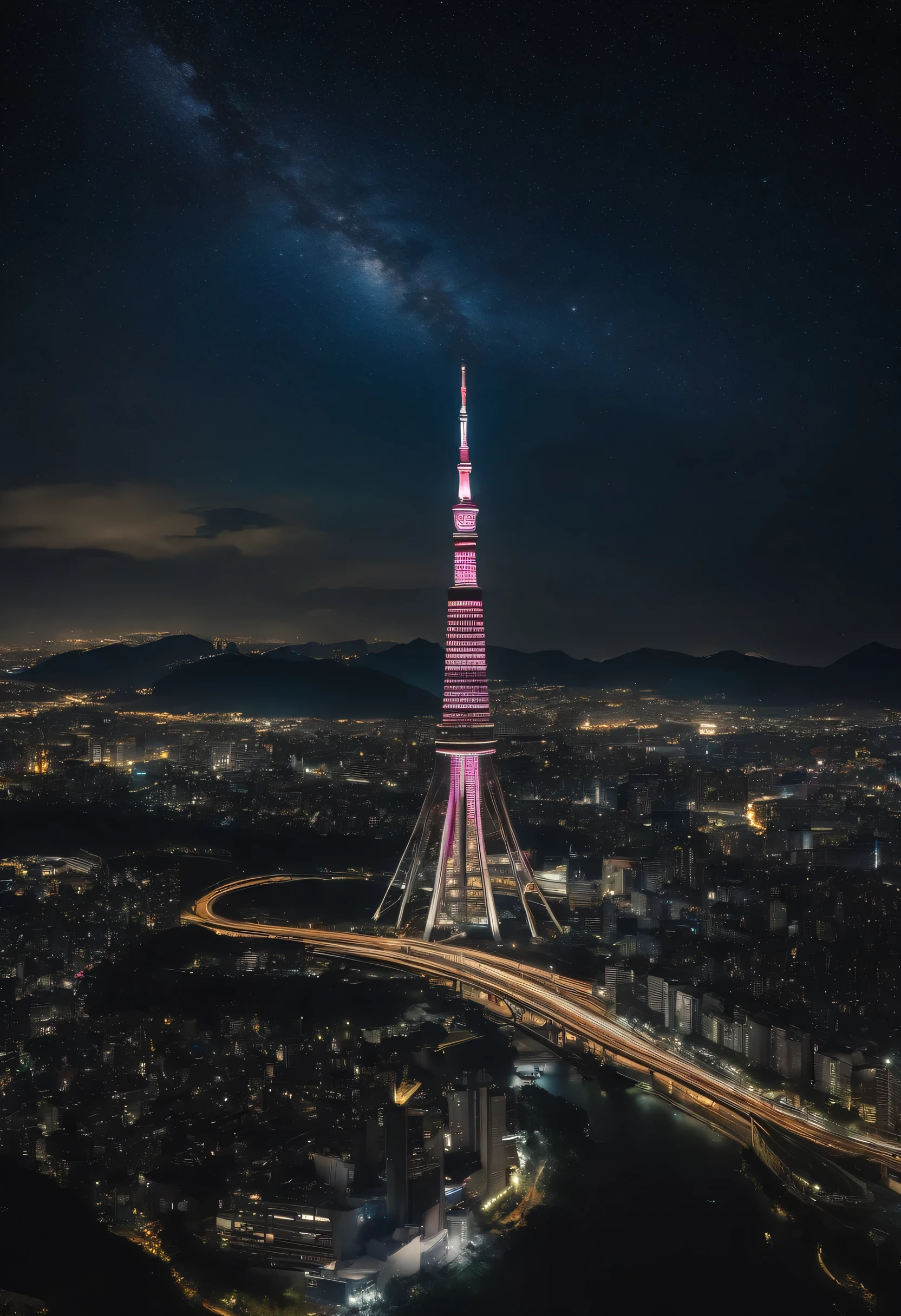 Giant crescent moon、high-level image quality、RAW、Standing at Tokyo Skytree、20-year-old woman、nighttime scene、Milky Way Galaxy、Andromeda Nebula、tokyo streets、Flowing Lines of Light、