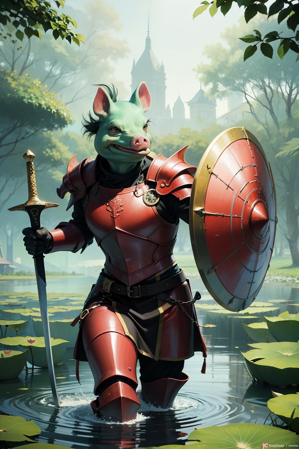 Cartoon pink pig, long fangs, beautiful iron armor, holding a sword. Carrying a shield, he walked up from the middle of the pond. The pond had pink lotus flowers and green lotus leaves. There is a pink frog in the lotus.