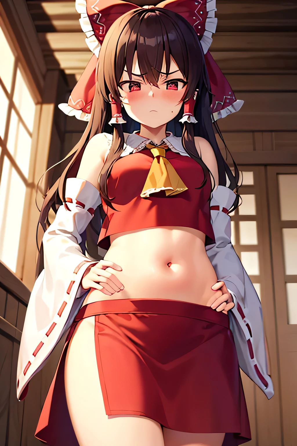 super fine illustration, vibrant colors, masterpiece, sharp focus, best quality, depth of field, cinematic lighting, ultra detailed, blush, annoyed, belly button, shrine maiden, hakurei reimu, 1girl, hair bow, ascot, hair tubes, detached sleeves, looking down, red shirt, red skirt, long hair, dark brown hair, indoors,