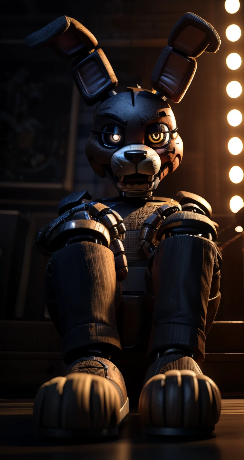 a bonnie the rabbit animatronic from five nights at freddy's, feet facing the viewer, extremely detailed, photorealistic, professional lighting, studio quality, 8k, masterpiece, intricate details, hyper realistic, sharp focus, physically-based rendering, cinematic lighting, dramatic shadows, volumetric lighting, unreal engine