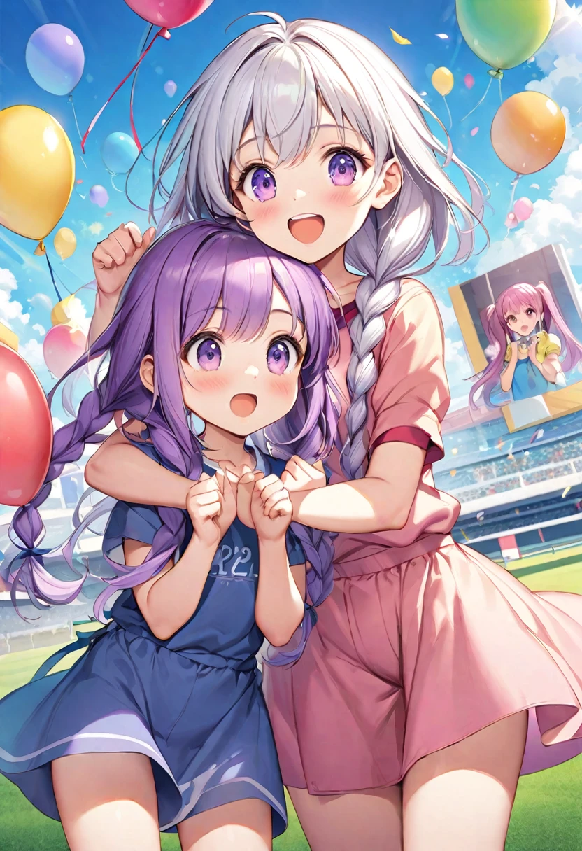 (Children's Day illustration), Two kids in casual sportswear cheering with raised hands on football field,  yinji, purple hair, purple eyes, long hair, white hair, double braids, gradient hair, Bright and warm, There are ribbons and balloons hanging around., The characters take up a small part of the picture.