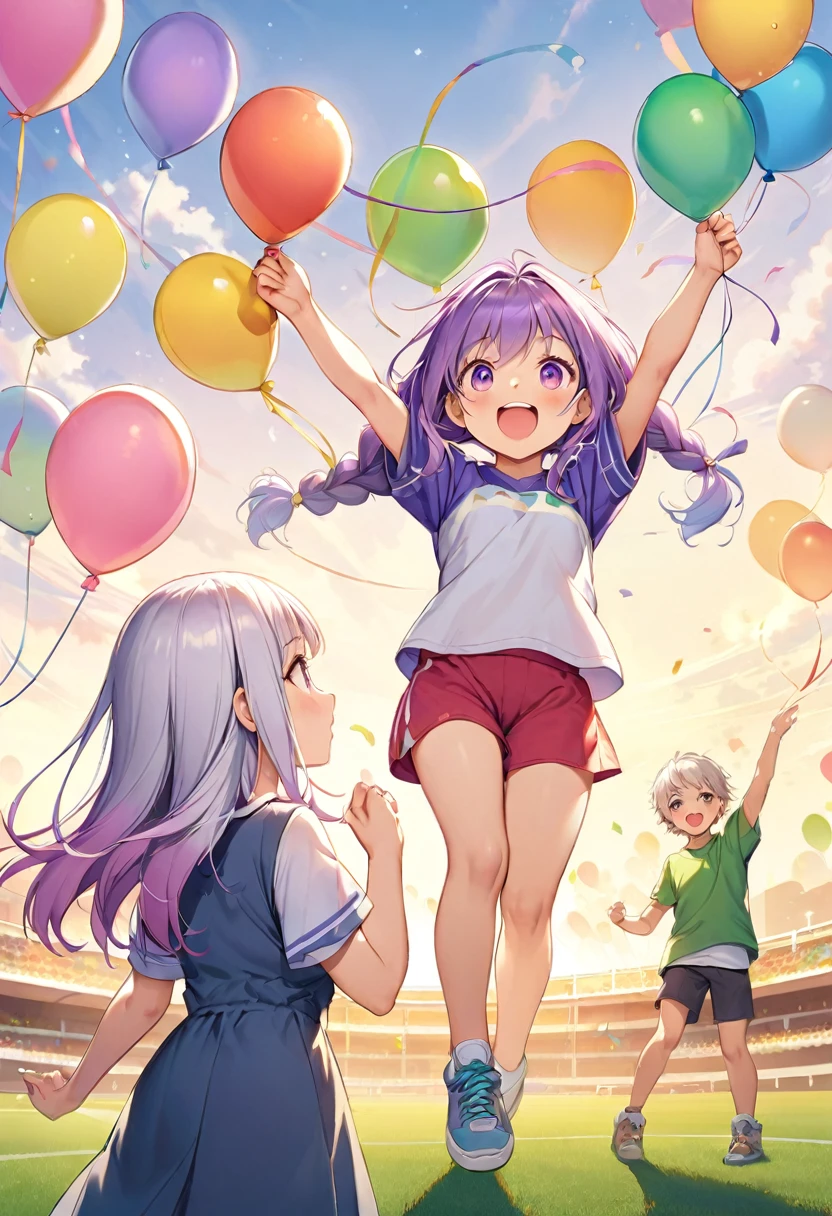 (Children's Day illustration), Two kids in casual sportswear cheering with raised hands on football field,  yinji, purple hair, purple eyes, long hair, white hair, double braids, gradient hair, Bright and warm, There are ribbons and balloons hanging around., The characters take up a small part of the picture.