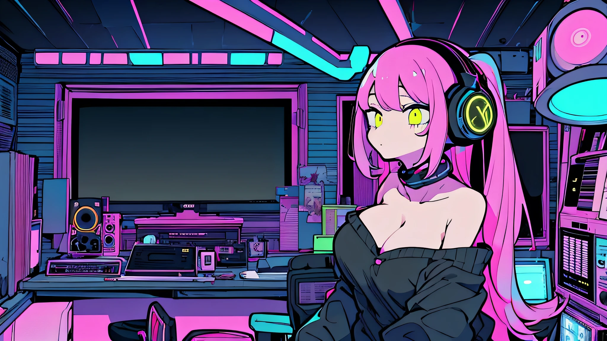 Best quality, (masterpiece:1.2), best detail face,1 girl, big breasts, 18 yo, 8k,absurdres,unity 8k wall paper,(extremely detailed:1.3), highest realistic, (retro headphones:1.1), (soft neon light:1.1), (floating hair:1.2), (psychedelic:1.2), Her room full of music equipment, Light clothing in summer, See the whole room, She is leaving the room, dark yellow color palette