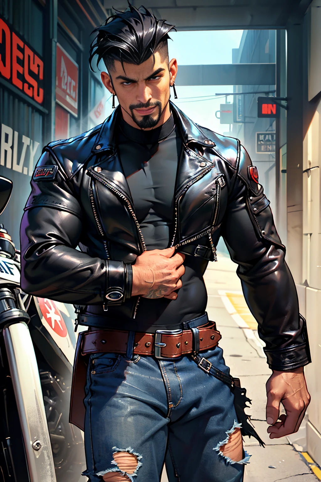 Man Biker, muscular, big chest, veins popping out, black hair shaved on the sides, handsome face, goatee, sexy and mischievous expression. He is wearing a leather jacket, black combat boots, ripped blue jeans, a black leather jacket with no shirt underneath. He is standing next to a black Harley Davidson motorcycle.