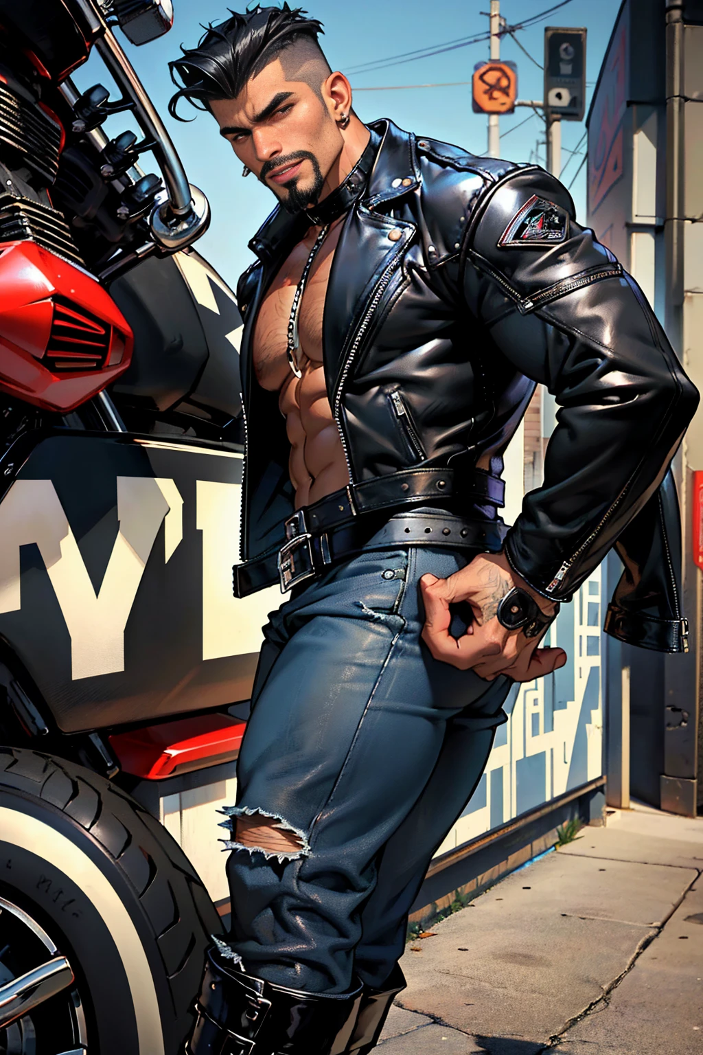 Man Biker, muscular, big chest, veins popping out, black hair shaved on the sides, handsome face, goatee, sexy and mischievous expression. He is wearing a leather jacket, black combat boots, ripped blue jeans, a black leather jacket with no shirt underneath. He is standing next to a black Harley Davidson motorcycle.
