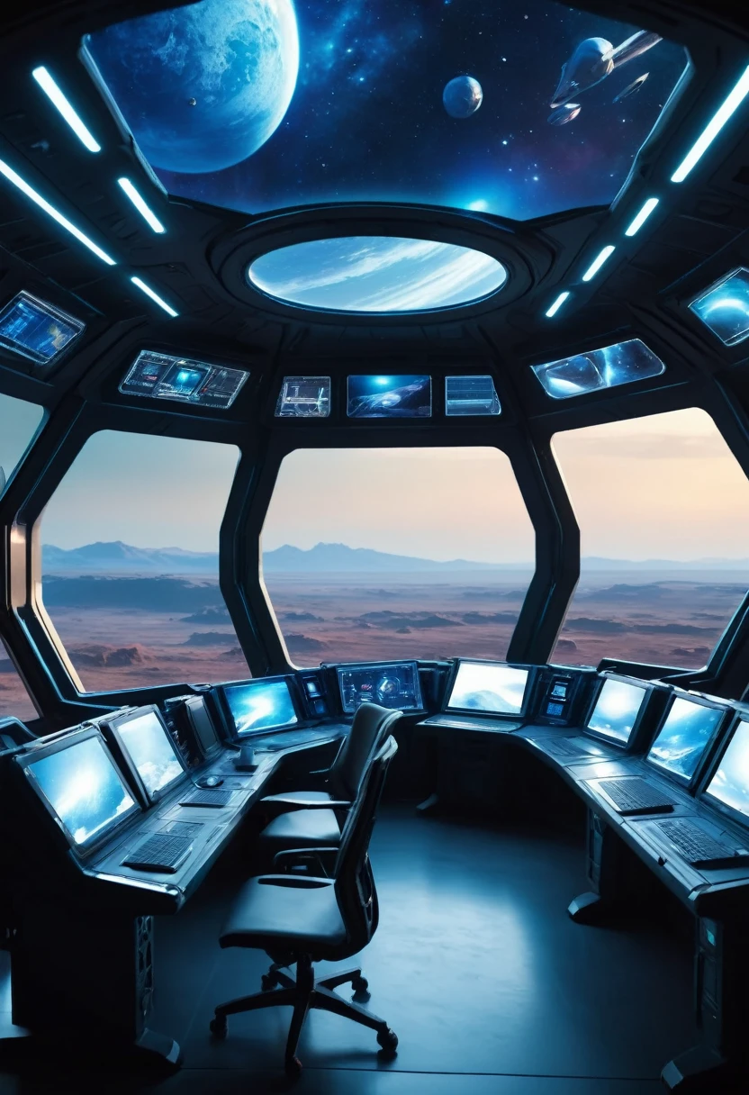 exterior of spaceship. You can see the scenery of an alien planet through the window, The entire space is filled with workstations with electronic devices and screens, Full HD
