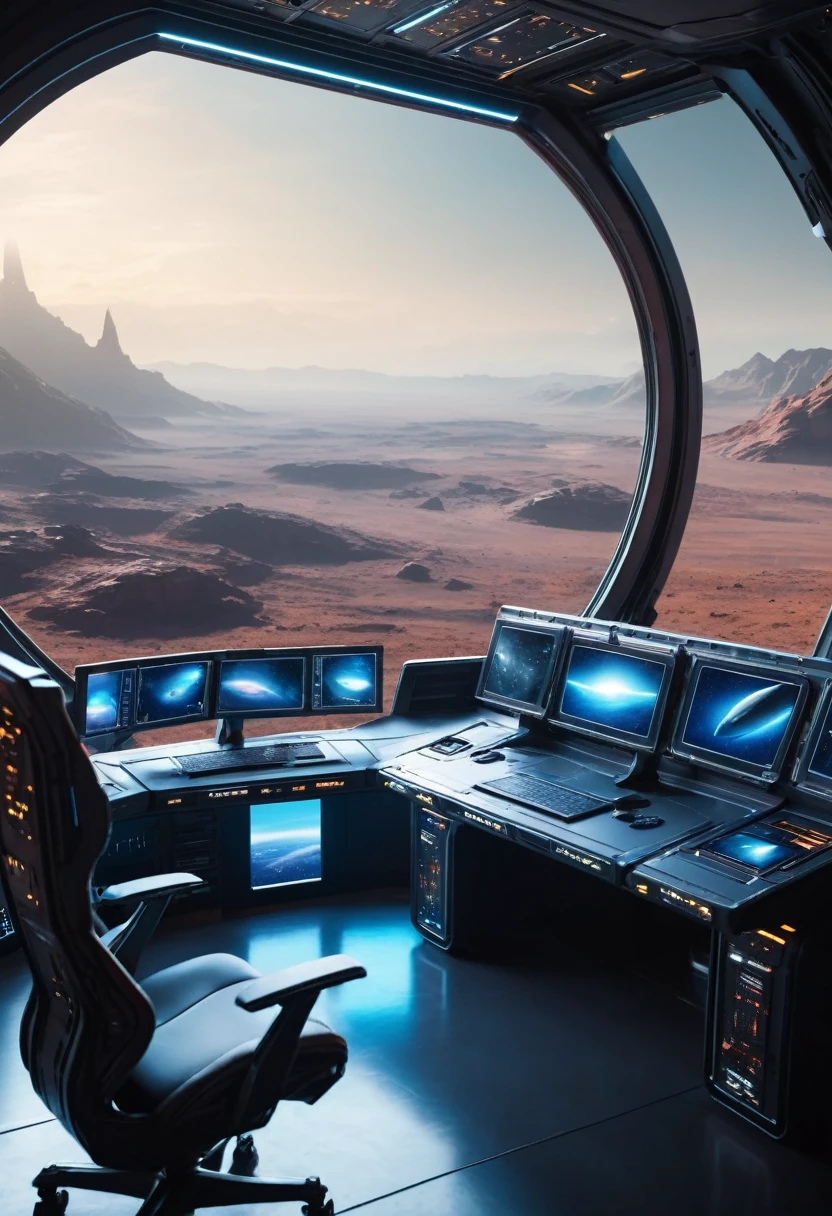 exterior of spaceship. You can see the scenery of an alien planet through the window, The entire space is filled with workstations with electronic devices and screens, Full HD