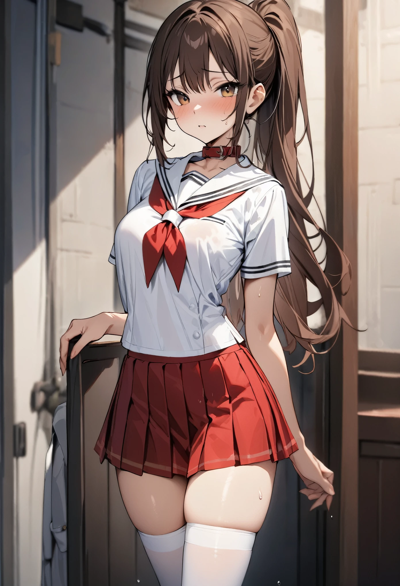 (((masterpiece, highest quality:1.5))),cowboy shot,20 year old beauty,solo,((very small head)),((very long body,long body)),dark brown hair,long ponytail hair,bangs,brown eyes,shy,medium breasts,slender body,skinny,gleaming skin,oily skin,sweat,White sailor suit、Short sleeve、Red cellar collar、Red neckerchief、Pleated red mini skirt、white_thighhighs、Academy、