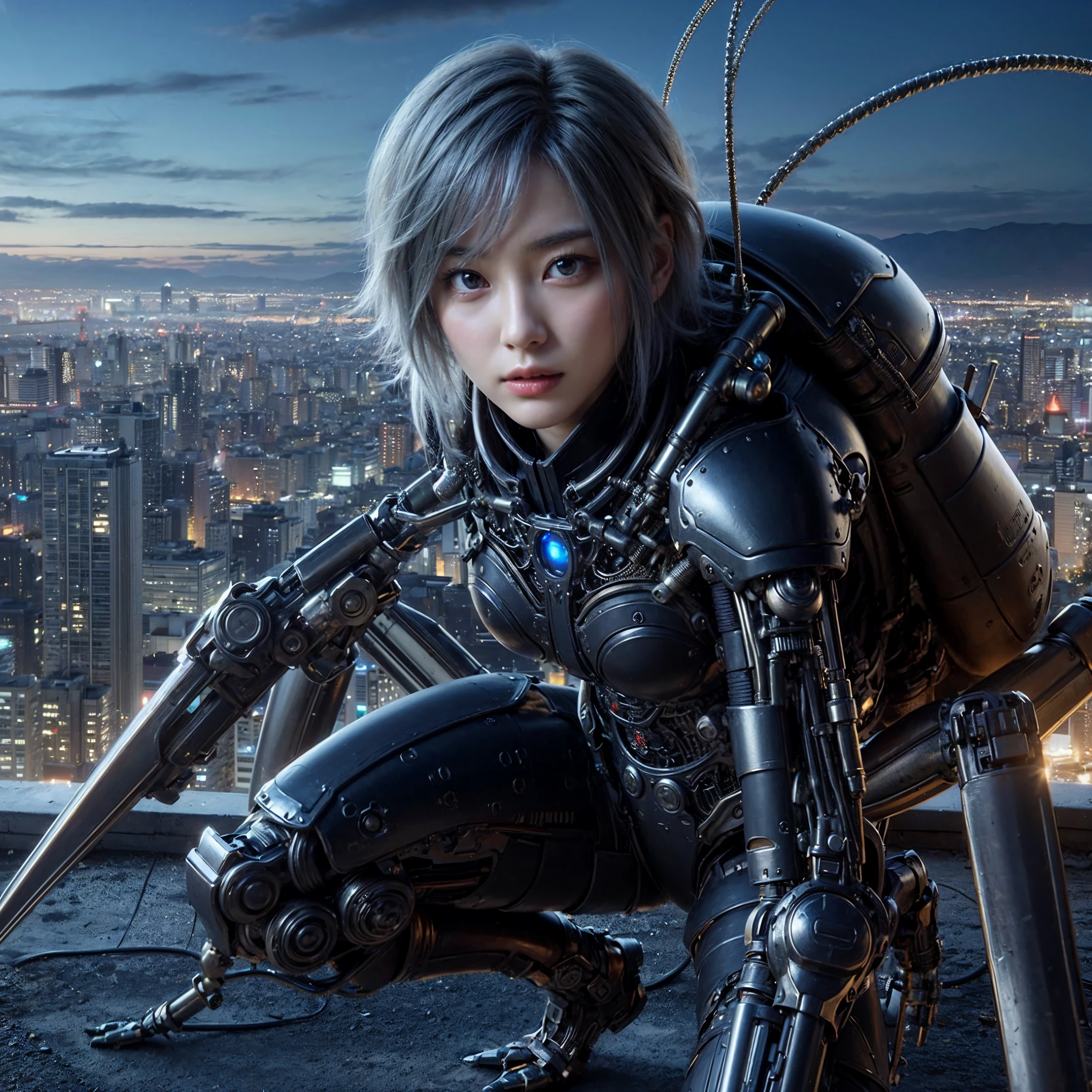 (top-quality:1.2, masterpiece), ultra high resolution, (Photorealsitic:1.4),, (bird-type mechanical heavy armor), (mechanical armor:1.3), light red base with silver and bronze accent, 1 Japanese female soldier, extremely realistic face, (blue hair), ((ultimately intricate all details)), (whole body picture), realistic shadow, octan render, 8K, ultrasharp, character edge light, Details of complex ornaments, Hydraulic cylinder, power cable, dystopia with a beautiful view at night,