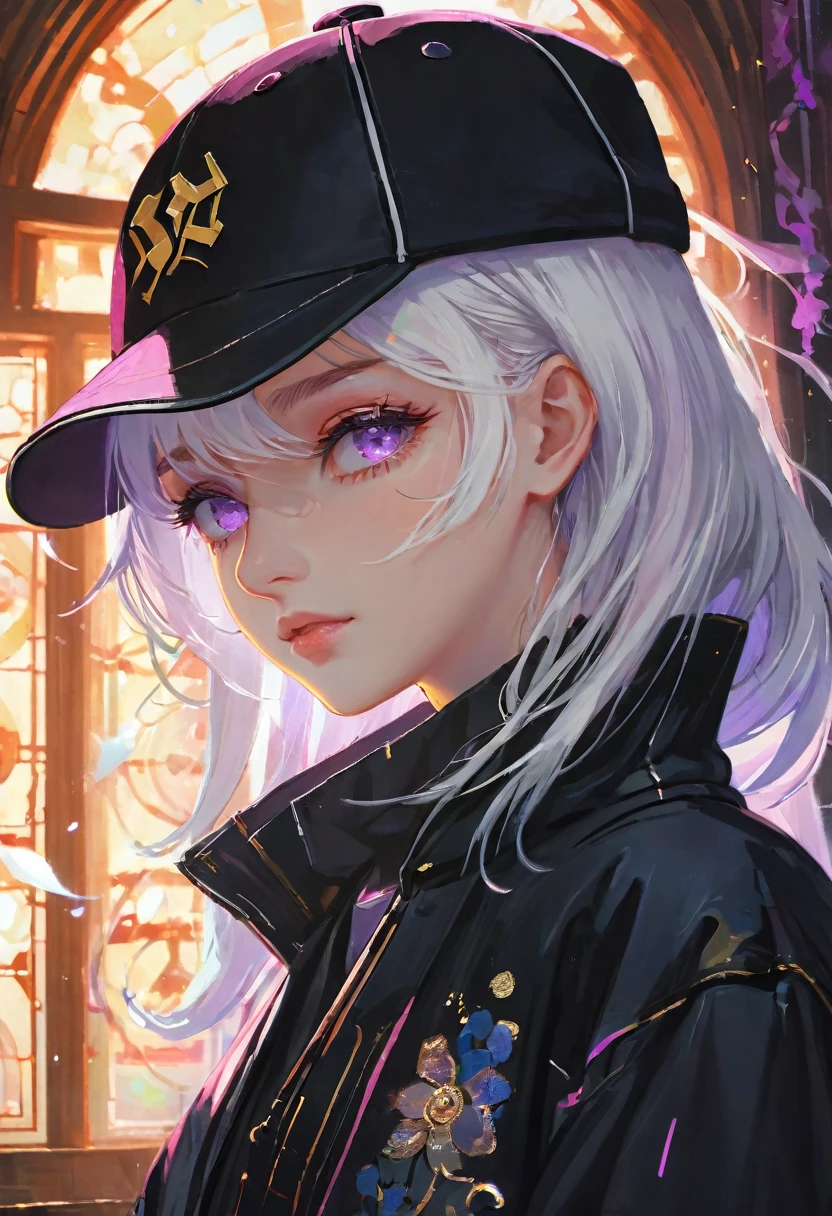 masterpiece, best quality, 4k, Ultra HD, Sansho Castle, , Beautiful eyes and delicate face, illustration, Beautiful and detailed, high resolution illustration, Luminescence_White_particle, 1 Girl, White hair, Lilac eyes, Hair covering one eye, Short side details, Baseball cap,Poker face, curtain, black jacket, Chest hanging, Cyberpunk, Technical clothing,(Impressionism:1.4), Vincent Van Gogh