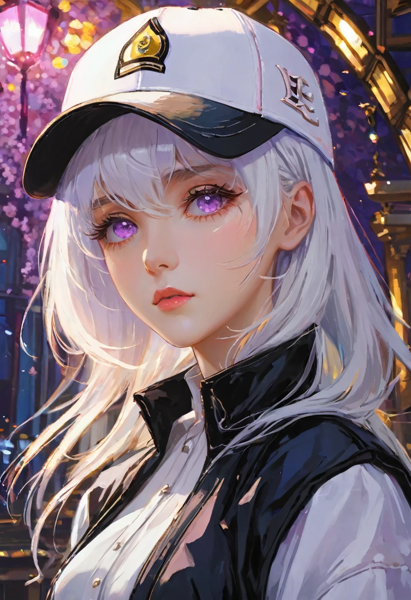 masterpiece, best quality, 4k, Ultra HD, Sansho Castle, , Beautiful eyes and delicate face, illustration, Beautiful and detailed, high resolution illustration, Luminescence_White_particle, 1 Girl, White hair, Lilac eyes, Hair covering one eye, Short side details, Baseball cap,Poker face, curtain, black jacket, Chest hanging, Cyberpunk, Technical clothing,(Impressionism:1.4), Vincent Van Gogh