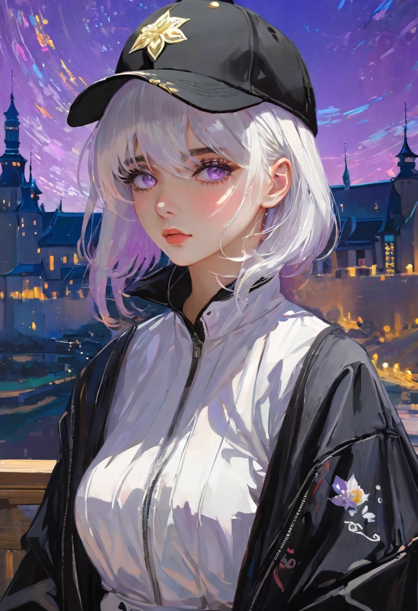 masterpiece, best quality, 4k, Ultra HD, Sansho Castle, , Beautiful eyes and delicate face, illustration, Beautiful and detailed, high resolution illustration, Luminescence_White_particle, 1 Girl, White hair, Lilac eyes, Hair covering one eye, Short side details, Baseball cap,Poker face, curtain, black jacket, Chest hanging, Cyberpunk, Technical clothing,(Impressionism:1.4), Vincent Van Gogh