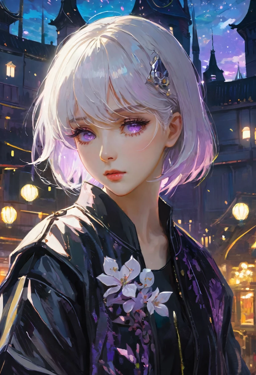 masterpiece, best quality, 4k, Ultra HD, Sansho Castle, , Beautiful eyes and delicate face, illustration, Beautiful and detailed, high resolution illustration, Luminescence_White_particle, 1 Girl, White hair, Lilac eyes, Hair covering one eye, Short side details, Baseball cap,Poker face, curtain, black jacket, Chest hanging, Cyberpunk, Technical clothing,(Impressionism:1.4), Vincent Van Gogh