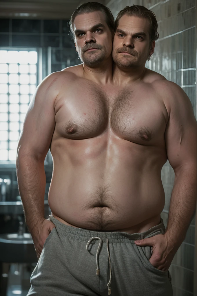 (((2heads))), 1man, ((((david harbour)))), middle aged male, ((fat)), ((overweight)), ((obese)), ((shirtless)), chubby, navel, athletic shorts, body hair, big bulge, dreamy atmosphere, dark cyan and red, i can't believe how beautiful this is, serene atmosphere, epic realistic, soft cinematic light, hdr, intricate, highly detailed, (depth of field:1.4), faded, (neutral colors:1.2), (hdr:1.4), (muted colors:1.2), hyperdetailed, (artstation:1.4), cinematic, dramatic light, (intricate details:1.1), bathroom scenery, (rutkowski:0.66), (intricate details:1.12), hdr, (intricate details, hyperdetailed:1.15) (skin texture:1.2), detailed expressions, tired, frowning, natural pose