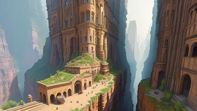 ((masterpiece)),((best quality)),((high detail)),((realistic,)) Industrial age city, deep canyons in the middle, architectural streets, bazaars, bridges, rainy days, steampunk, European architecture, populated, many people
