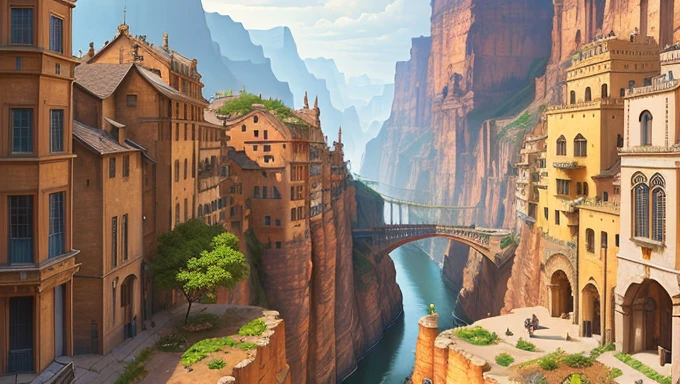 ((masterpiece)),((best quality)),((high detail)),((realistic,)) Industrial age city, deep canyons in the middle, architectural streets, bazaars, bridges, rainy days, steampunk, European architecture, populated, many people