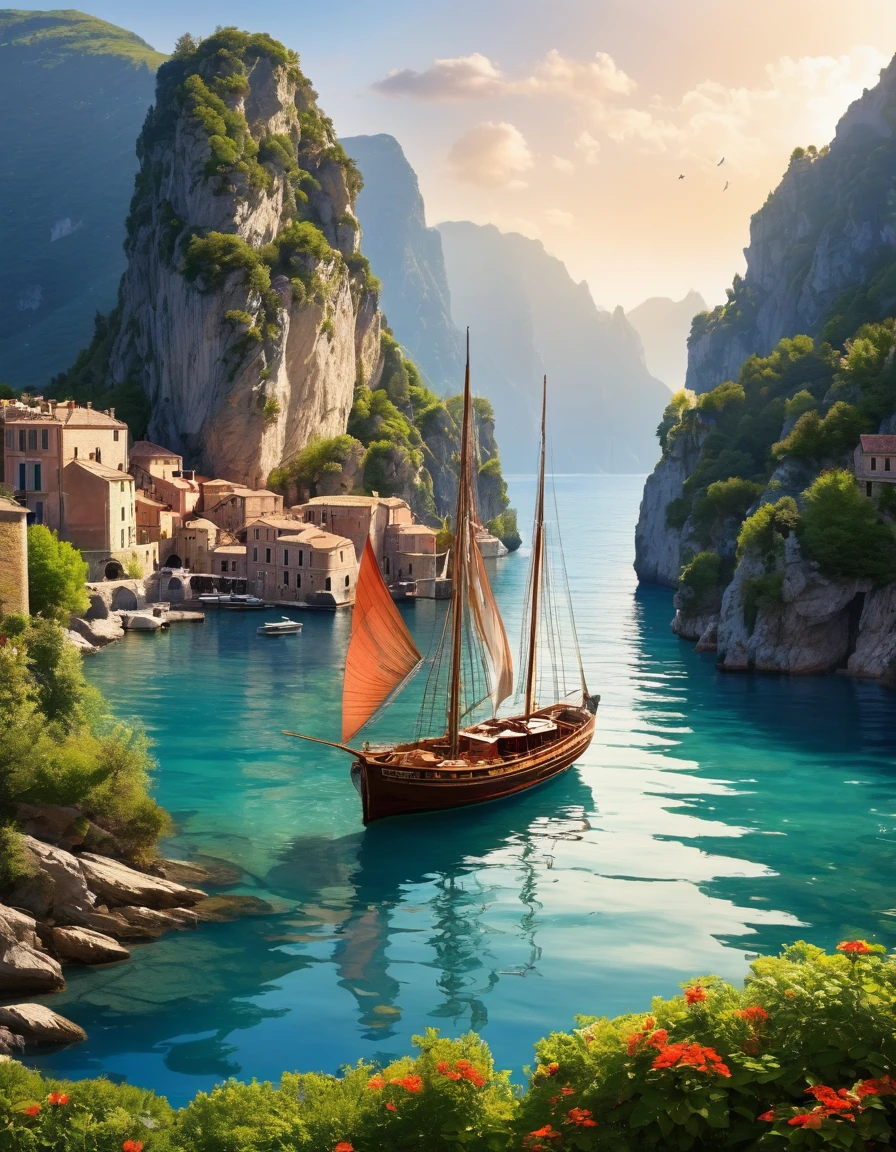 il y a un bateau qui flotte sur l&#39;eau pres d&#39;a chateau, Fantasy medieval town, epic RIVENDELL fantasy, RIVENDELL, highly detailed fantasy art, fantasy highly detailed, Medieval city, Highly detailed 4K digital art, peinture mate haute fantaisie, detailed fantasy art, 4K detail fantasy, a magical and lively city, detailed fantasy digital art