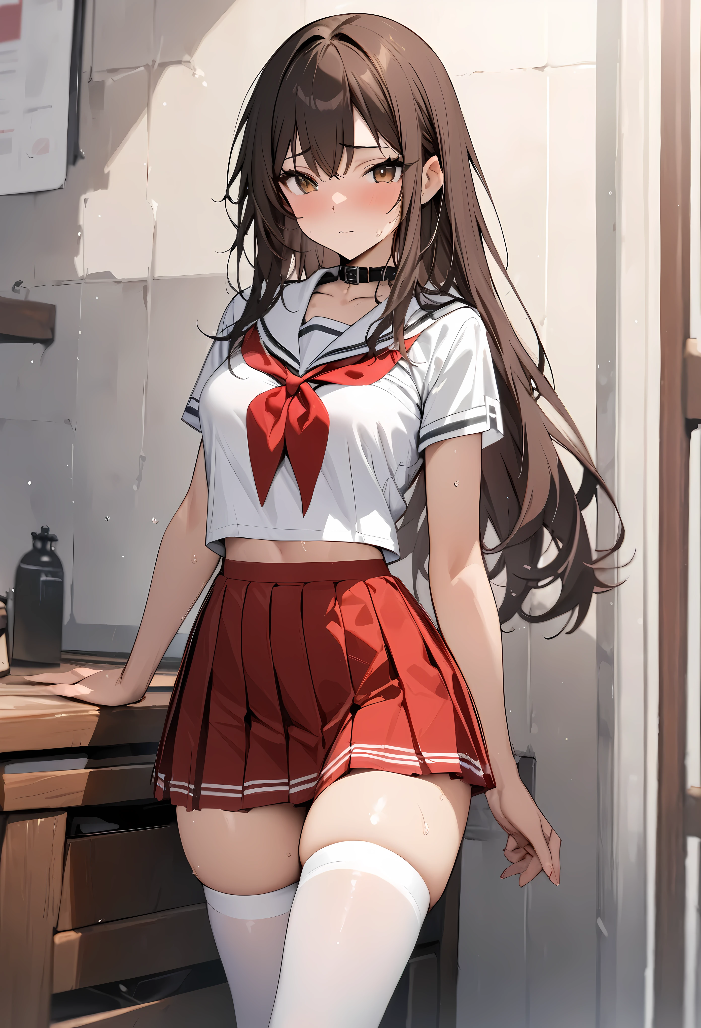 (((masterpiece, highest quality:1.5))),cowboy shot,20 year old beauty,solo,((very small head)),((very long body,long body)),dark brown hair,long ponytail hair,bangs,brown eyes,shy,medium breasts,slender body,skinny,gleaming skin,oily skin,sweat,White sailor suit、Short sleeve、Red cellar collar、Red neckerchief、Pleated red mini skirt、white_thighhighs、Academy、