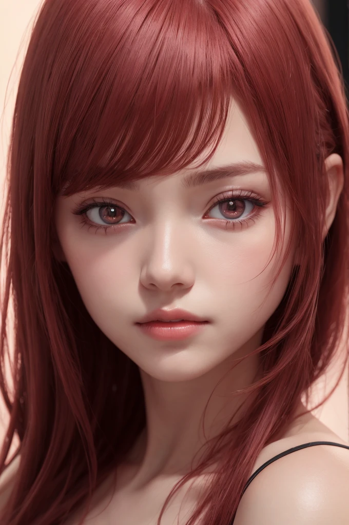 1girl, star eye, blush, perfect illumination, red hair, red eyes, unreal engine, sidelighting, detailed face, bangs, bright skin, simple background, dark background,