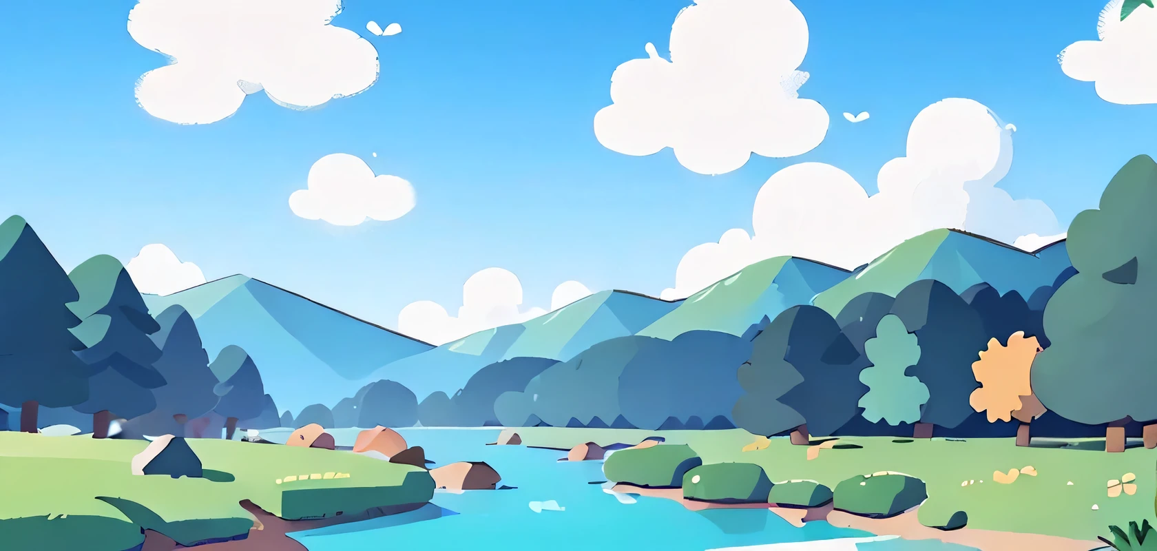 sun、Blue sky、White Cloud、Mountain、river、Fall