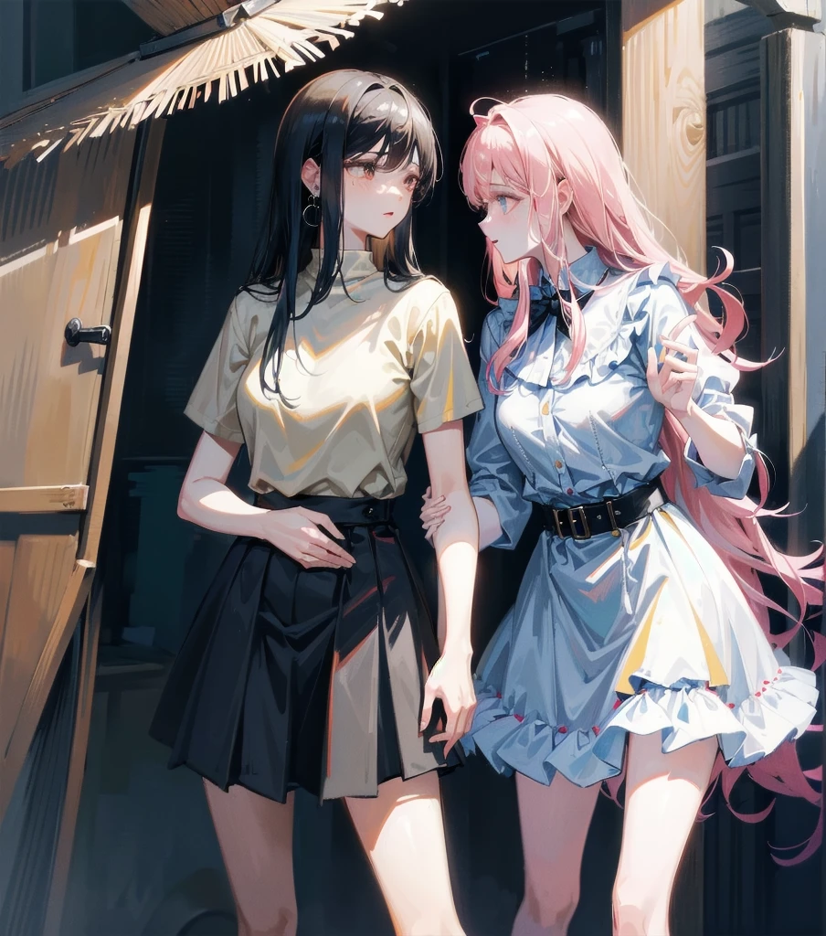 ((((yuri, 2 girls)))), absurdres, RAW photo, extremely delicate and beautiful, masterpiece, Best Quality, ultra high resolution, 32k, hyperrealistic, ultra-detailed, detailed description, perfect anatomy, pale skin, 20 years old, detailed beautiful face and eyes, tearful mole, earring, short medium hair, wavy hair, whole body shot, big tits, tight skirt, cropped T-shirt, 