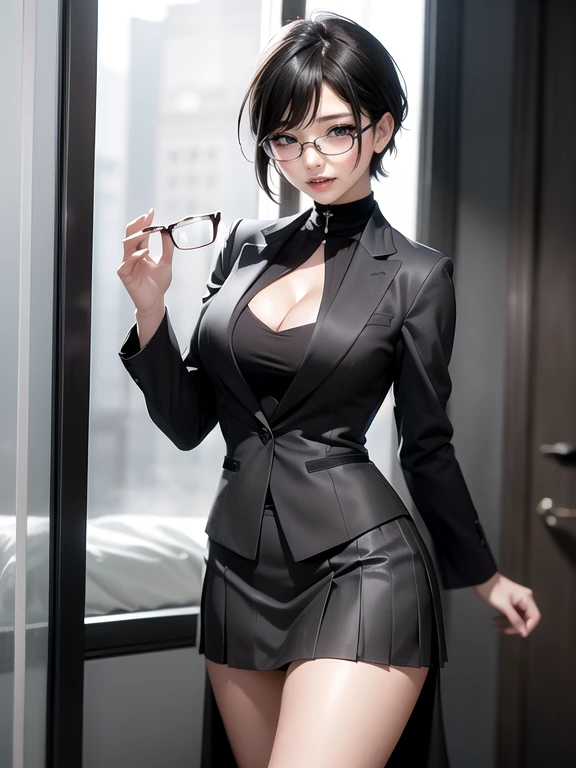 (Ultimate beauty), New recruits, ((Rimless Glasses))非常にdetailed顔, detailedな唇, fine grain, Beautiful Eyes, Short Black Pixie Hairstyles, ((Laugh with your mouth closed)), (((Wearing a grey tight-skirted suit)))), Big Breasts,(Accentuate your breasts) (Thighs),  that&#39;that&#39;sit, perfectionなボディ, perfectionな顔, (((background: Office Conference Room))、Cowboy Shot, (Depth of written border), perfectionな画像リアリズム, With detailed background, detailedな衣装, perfection、Hyperrealism、Realistic、Maximum resolution 8K, (masterpiece), 非常にdetailed, Professional　22 year old Japanese woman,(非常にdetailedな肌)(Beautiful female body)(美しいBig Breasts)(Big Breasts)(Pale skin)(Pointed Chest),(Erect nipples)(Best image quality)(Hyperrealismの肖像画),(8k),(Ultra-realistic,最high quality, high quality, High resolution)(high quality texture)(Attention to detail)(Beautiful details)(detailed,Extremely detailed CG,detailed Texture)(Realistic facial expressions,masterpiece,in front,dynamic,bold),(((short pixie cut))),(Very thin hair)(Super Straight Hair:1.5)( sleek bangs,Very light coppery amber hair,Hair in one eye)　(((Emphasize M-shaped legs)))　(((Her nipples are visible)))　(((I&#39;No clothes)))　(((Front view)))　(((She is spreading her legs boldly)))　(((The lines of the body are clearly visible)))、(((Depiction of beautiful fingers)))　(((Beautiful body depiction)))　(((Accentuate the crotch)))(((I can see your thighs)))(((Full body photo)))、(((Low angle photo)))、(((Correct ankle orientation)))(((Correct number of legs)))　(((正確な正面からのFull body photo)))(((Exact number of hands)))