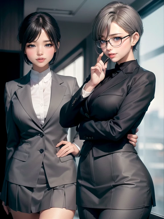 (Ultimate beauty), New recruits, ((Rimless Glasses))非常にdetailed顔, detailedな唇, fine grain, Beautiful Eyes, Short Black Pixie Hairstyles, ((Laugh with your mouth closed)), (((Wearing a grey tight-skirted suit)))), Big Breasts,(Accentuate your breasts) (Thighs), that'that'sit, perfectionなボディ, perfectionな顔, (((background: Office Conference Room))、Cowboy Shot, (Depth of written border), perfectionな画像リアリズム, With detailed background, detailedな衣装, perfection、Hyperrealism、Realistic、Maximum resolution 8K, (masterpiece), 非常にdetailed, Professional 22 year old Japanese woman,(非常にdetailedな肌)(Beautiful female body)(美しいBig Breasts)(Big Breasts)(Pale skin)(Pointed Chest),(Erect nipples)(Best image quality)(Hyperrealismの肖像画),(8k),(Ultra-realistic,最high quality, high quality, High resolution)(high quality texture)(Attention to detail)(Beautiful details)(detailed,Extremely detailed CG,detailed Texture)(Realistic facial expressions,masterpiece,in front,dynamic,bold),(((short pixie cut))),(Very thin hair)(Super Straight Hair:1.5)( sleek bangs,Very light coppery amber hair,Hair in one eye) (((Emphasize M-shaped legs))) (((Her nipples are visible))) (((I'No clothes))) (((Front view))) (((She is spreading her legs boldly))) (((The lines of the body are clearly visible)))、(((Depiction of beautiful fingers))) (((Beautiful body depiction))) (((Accentuate the crotch)))(((I can see your thighs)))(((Full body photo)))、(((Low angle photo)))、(((Correct ankle orientation)))(((Correct number of legs))) (((正確な正面からのFull body photo)))(((Exact number of hands)))