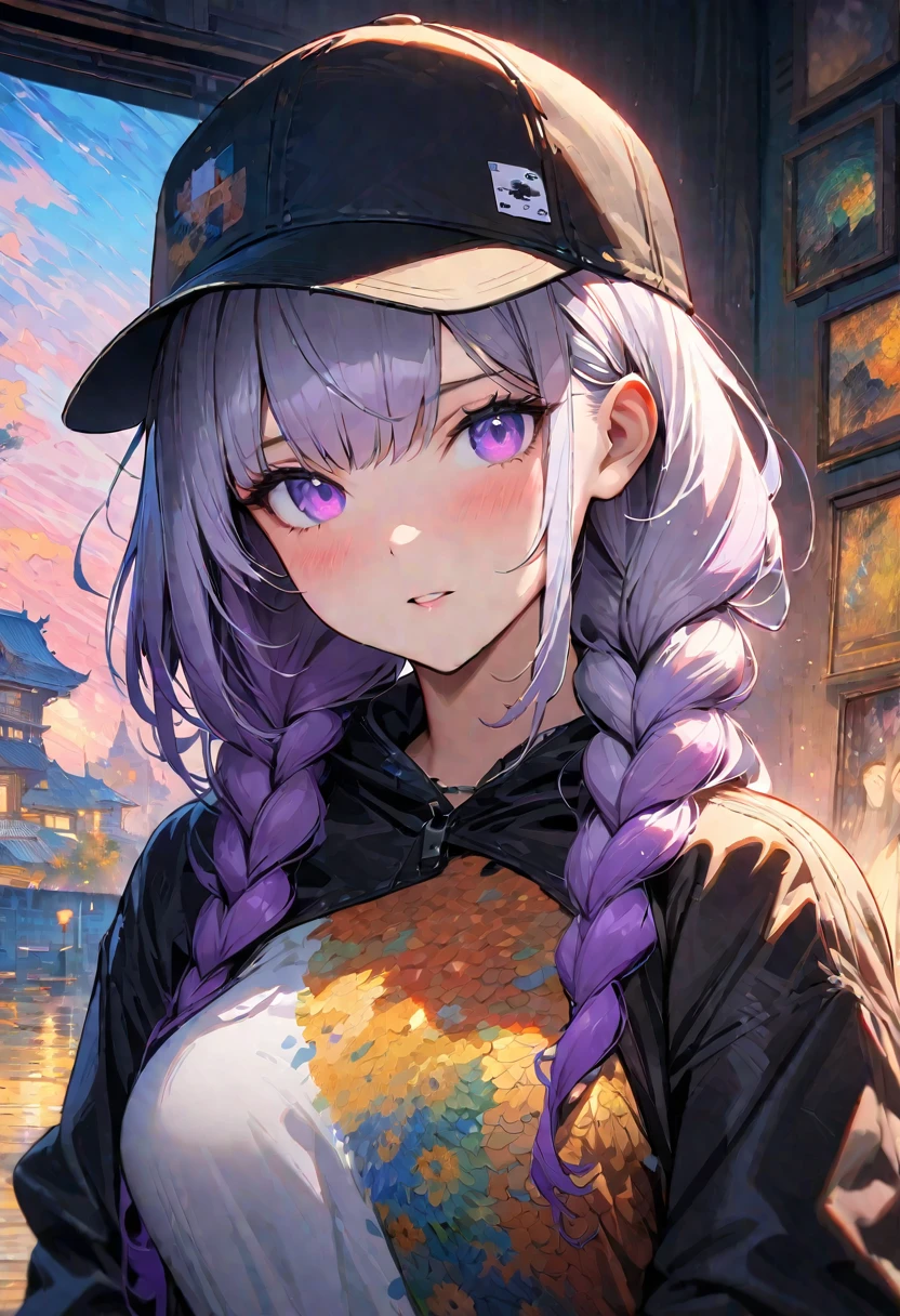 masterpiece, best quality, 4k, Ultra HD, Sansho Castle, , Beautiful eyes and delicate face, illustration, Beautiful and detailed, high resolution illustration, Luminescence_White_particle, 1 Girl,  yinji, purple hair, purple eyes, long hair, white hair, double braids, gradient hair, Short side details, Baseball cap,Poker face, curtain, black jacket, Chest hanging, Cyberpunk, Technical clothing,(Impressionism:1.4), Vincent Van Gogh