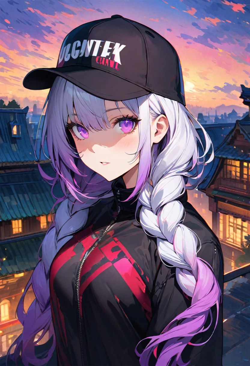 masterpiece, best quality, 4k, Ultra HD, Sansho Castle, , Beautiful eyes and delicate face, illustration, Beautiful and detailed, high resolution illustration, Luminescence_White_particle, 1 Girl,  yinji, purple hair, purple eyes, long hair, white hair, double braids, gradient hair, Short side details, Baseball cap,Poker face, curtain, black jacket, Chest hanging, Cyberpunk, Technical clothing,(Impressionism:1.4), Vincent Van Gogh