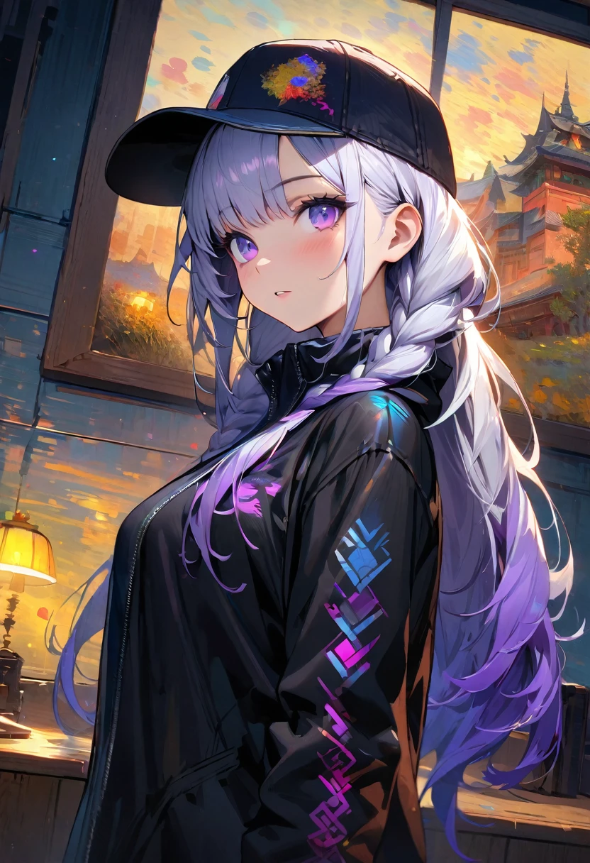 masterpiece, best quality, 4k, Ultra HD, Sansho Castle, , Beautiful eyes and delicate face, illustration, Beautiful and detailed, high resolution illustration, Luminescence_White_particle, 1 Girl, yinji, purple hair, purple eyes, long hair, white hair, double braids, gradient hair, Short side details, Baseball cap,Poker face, curtain, black jacket, Chest hanging, Cyberpunk, Technical clothing,(Impressionism:1.4), Vincent Van Gogh