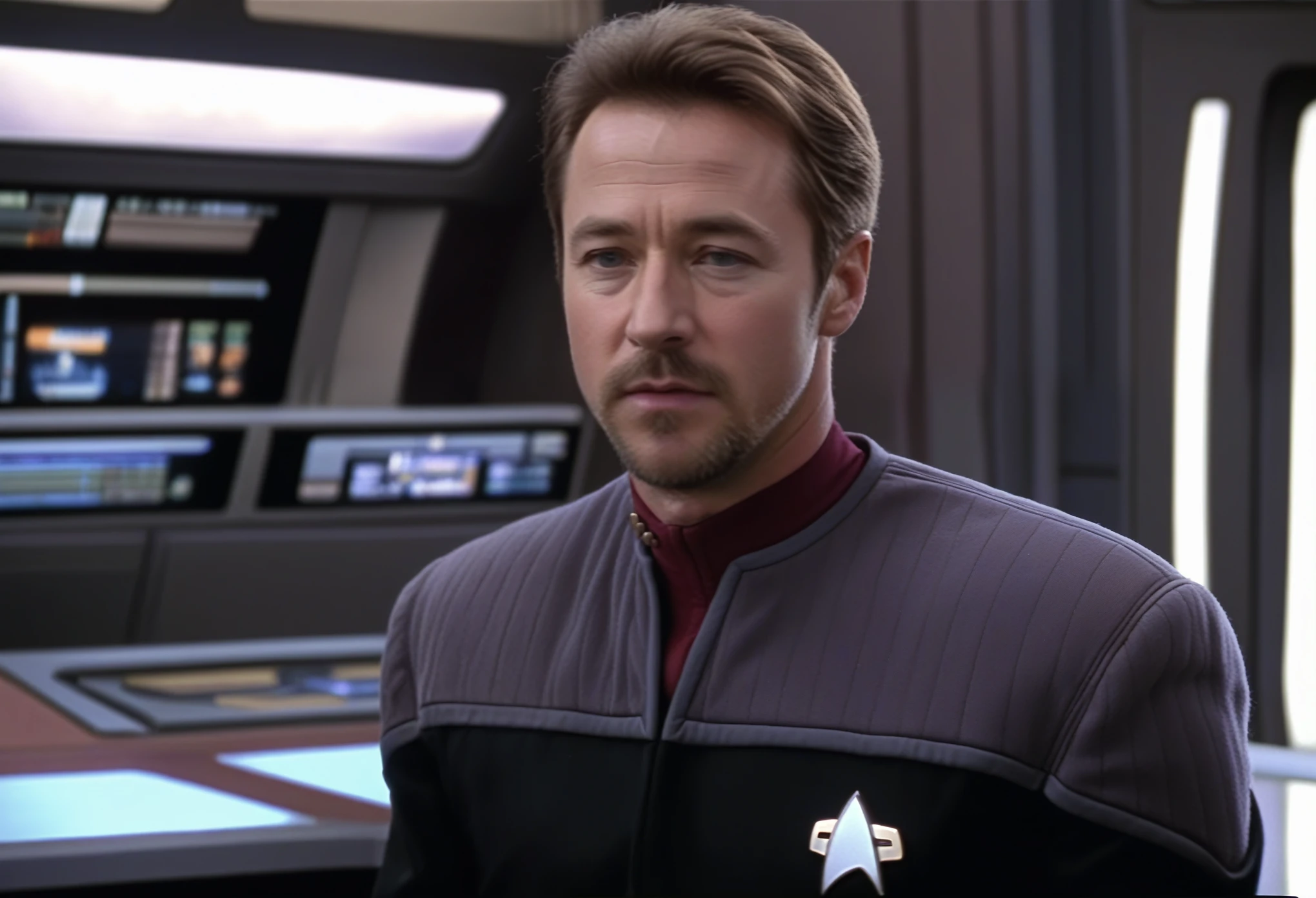 Wide angle view, Vollbild, Edward Norton, ein Mann in roter Star Trek-Uniform, on the bridge of the Enterprise, DS9ST UNIFORM, Star Trek, on the bridge of the Enterprise, sitzt auf dem Stuhl des Captains, Fantasieplanet, futuristische Raumschiffe, ((perfekte Augen, detaillierte Augen,realistische Augen)), ((scharfes Gesicht, detailliertes Gesicht, realistisches Gesicht, naturtal skin, realistische Haut, DETAILLIERTE HAUT, Poren)), panorama view