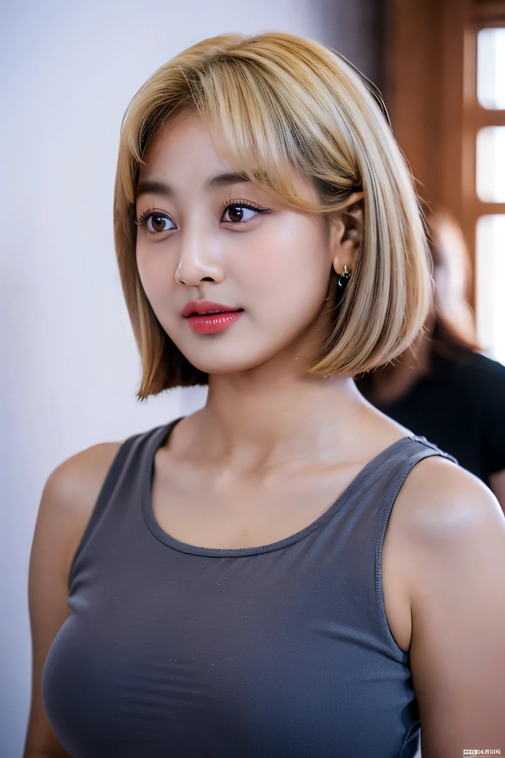 twjihyo, jihyoo, ((masterpiece, best quality)), intricate details, high quality, (photorealistic), (rich:1.4), ultra realistic 8k cg, picture-perfect face, flawless, clean, masterpiece, professional artwork, famous artwork, cinematic lighting, cinematic bloom, perfect face, beautiful face, beautiful eyes, looking at viewer, 1girl, jihyo from twice, short blonde hair, jihyo, kpop idol, nude, breasts, nipples