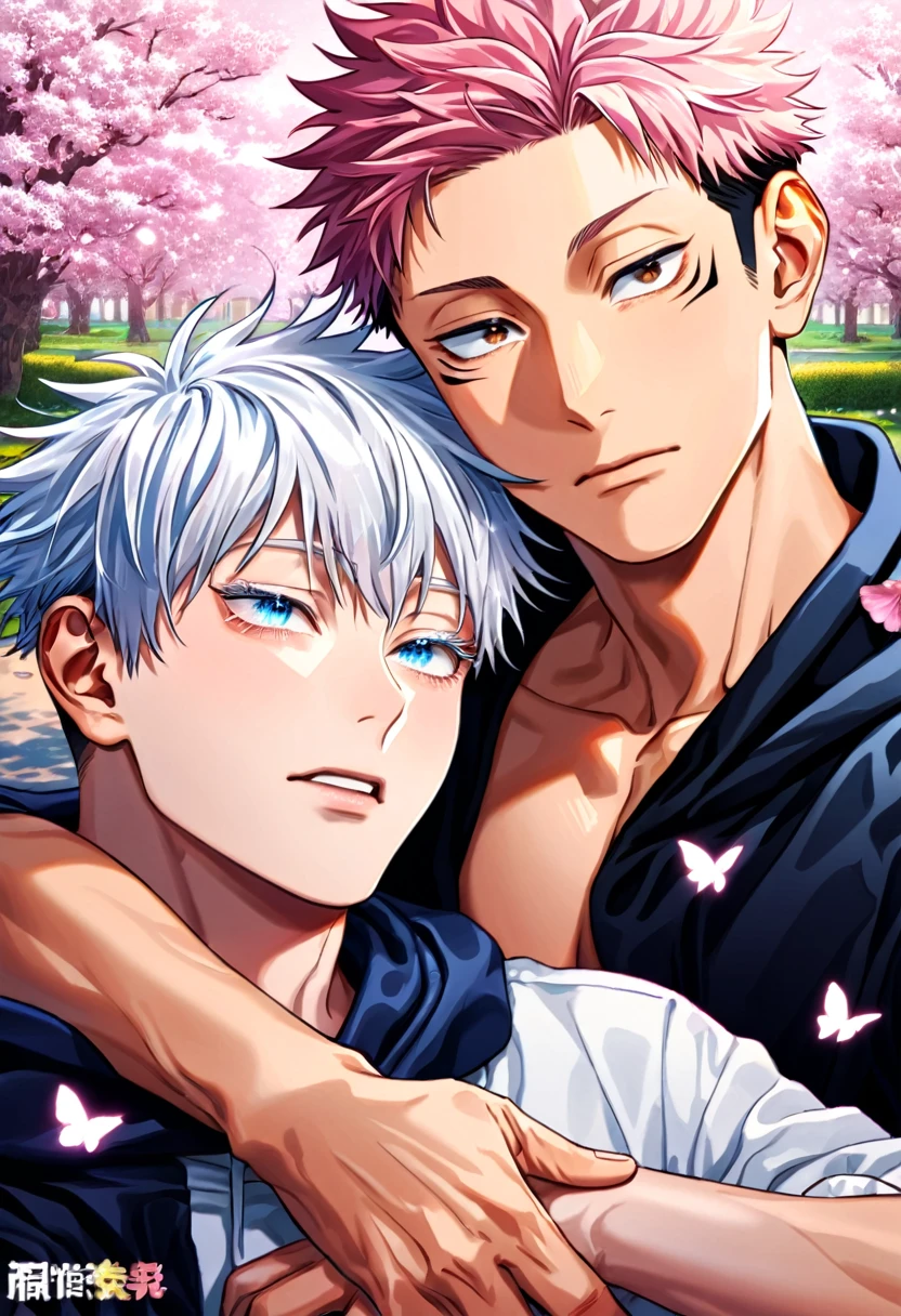 absurdres, highres, ultra detailed, HDR) master piece, best quality, Itadori Yuuji, pink hair, expressive brown eyes, Jujutsu Kaisen, Gojou Satoru, white hair, with bangs, expressive blue eyes, white eyelashes, two sexy men together, gay couple, yaoi, handsome, black hoodie, white hoodie, pink cherry blossoms, pink butterflies, pink glittering background, pink flowers, park