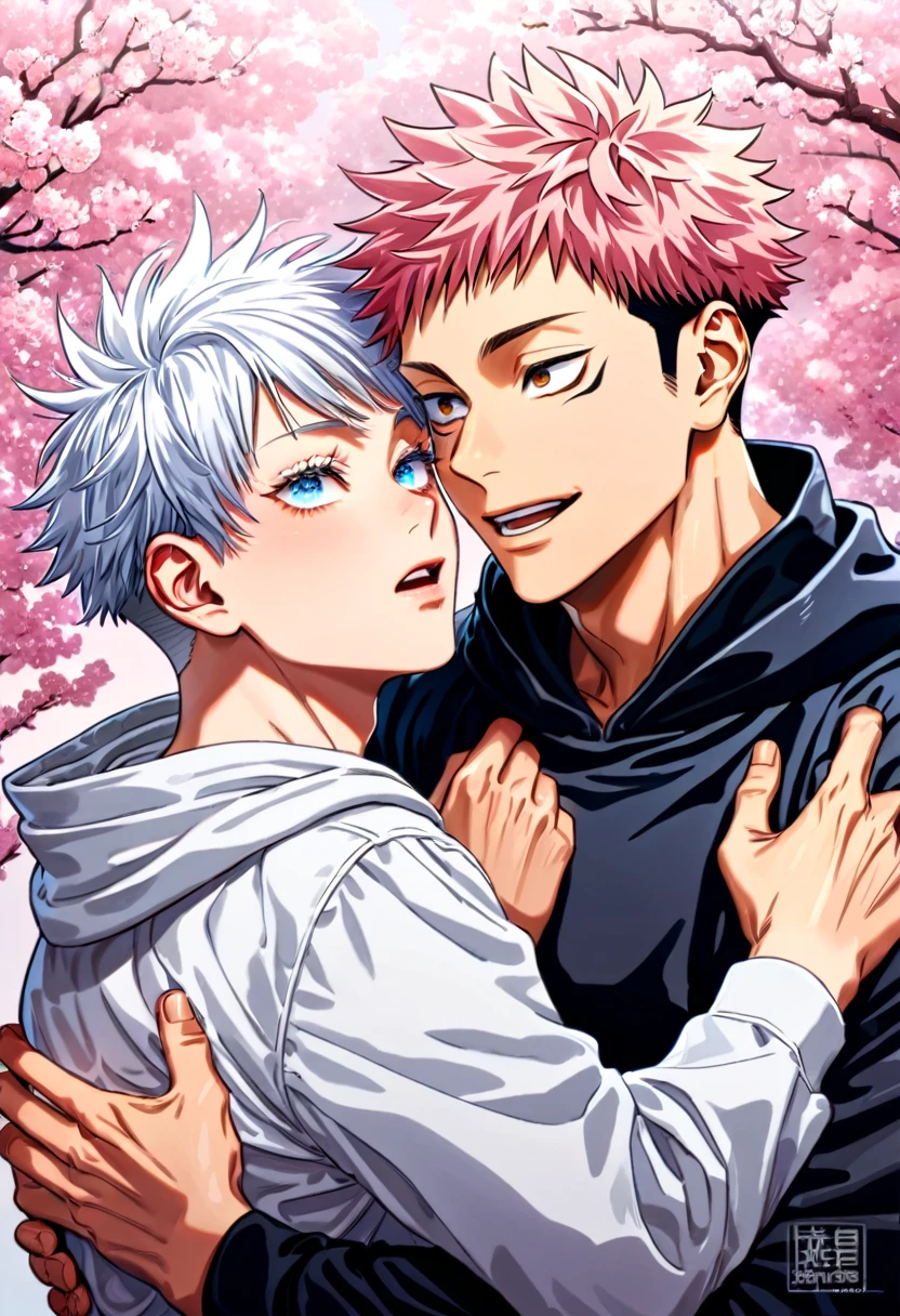 absurdres, highres, ultra detailed, HDR) master piece, best quality, Itadori Yuuji, pink hair, expressive brown eyes, Jujutsu Kaisen, Gojou Satoru, white hair, with bangs, expressive blue eyes, white eyelashes, two sexy men together, gay couple, yaoi, handsome, black hoodie, white hoodie, pink cherry blossoms, pink butterflies, pink glittering background, pink flowers, park
