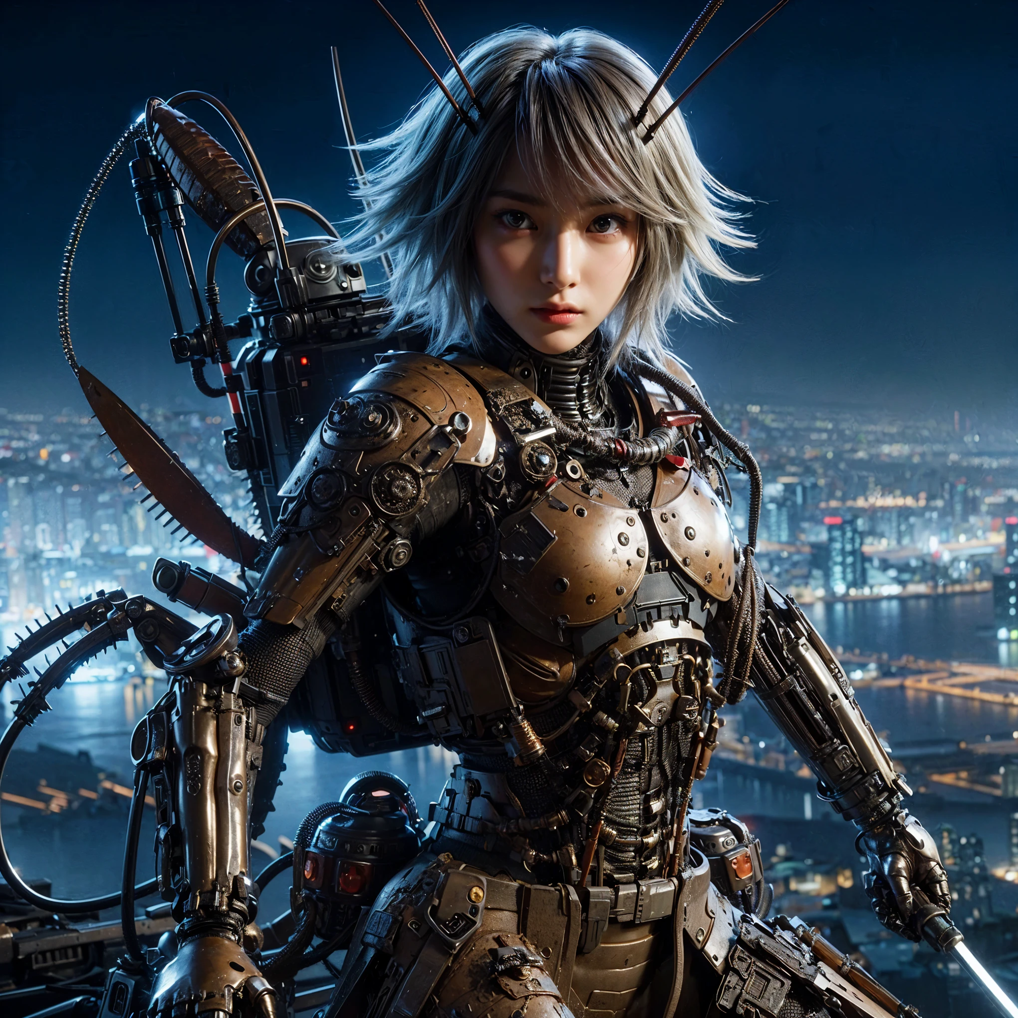 (top-quality:1.2, masterpiece), ultra high resolution, (Photorealsitic:1.4),, (bird-type mechanical heavy armor), (mechanical armor:1.3), light red base with silver and bronze accent, 1 Japanese female soldier, extremely realistic face, (blue hair), ((ultimately intricate all details)), (whole body picture), realistic shadow, octan render, 8K, ultrasharp, character edge light, Details of complex ornaments, Hydraulic cylinder, power cable, dystopia with a beautiful view at night,