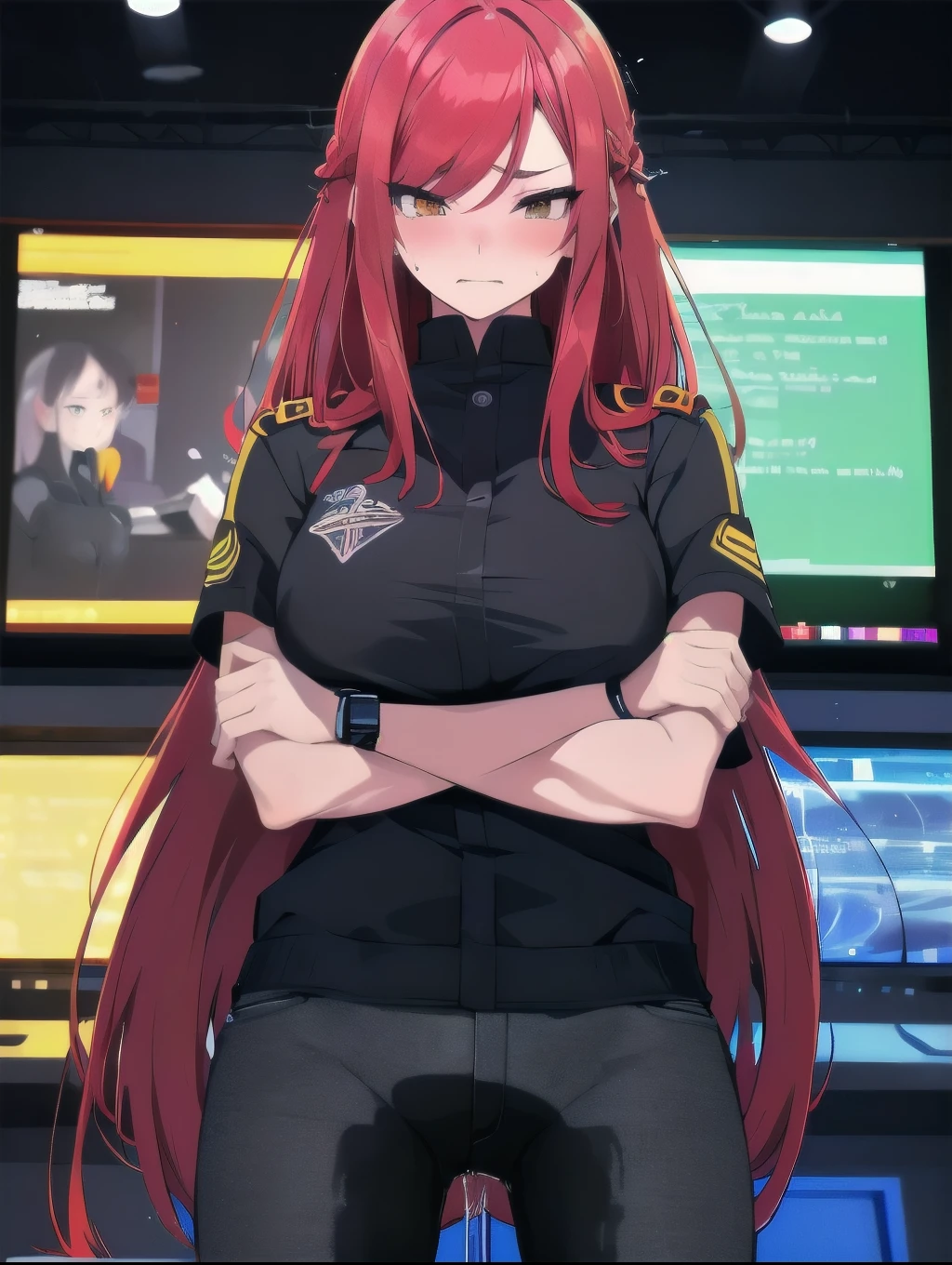 (masterpiece:1.37), woman, (mature:1.5), extremely detailed eyes and face, long straight hair, (red hair:1.5), yellow eyes, black military uniform, futuristic, science fiction, hologram armband, unicursal hexagram-shaped pupils, standing, huge breasts, futuristic, (science fiction:1.5), hologram armband, best quality, 8k, highres, ultra-detailed, studio lighting, ultra-fine painting, sharp focus, physically-based rendering, extreme detail description, professional, vivid colors, bokeh, extreme attention to detail, tsurime, (messy bangs:1.5), (swept bangs:1.5), long bangs, bright red hair highlights, two-tone hair, (wetting self:1.5), (crossed arms:1.5), embarrassed, humiliated, angry, (standing:1.5), tight pants, legs