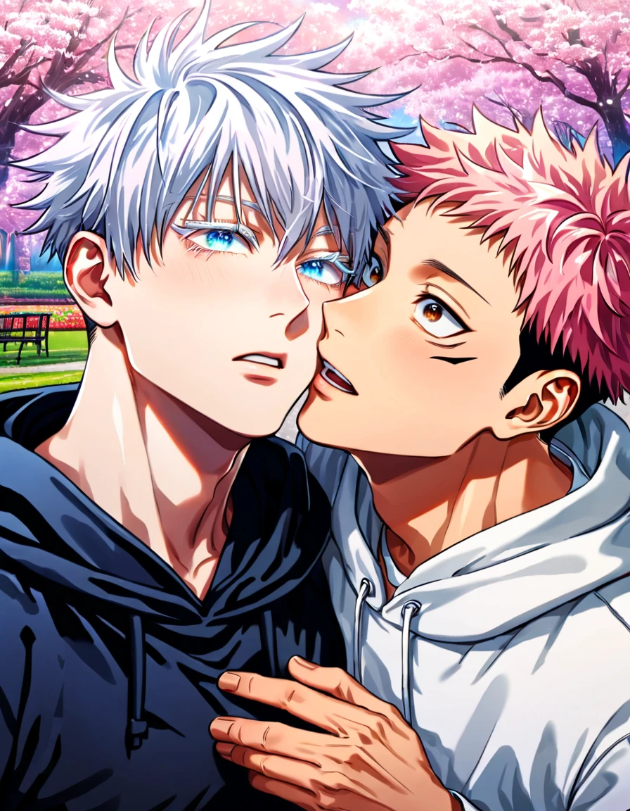 absurdres, highres, ultra detailed, HDR) master piece, best quality, Itadori Yuuji, pink hair, expressive brown eyes, Jujutsu Kaisen, Gojou Satoru, white hair, with bangs, expressive blue eyes, white eyelashes, two sexy men together, gay couple, yaoi, handsome, black hoodie, white hoodie, pink cherry blossoms, pink butterflies, pink glittering background, pink flowers, park