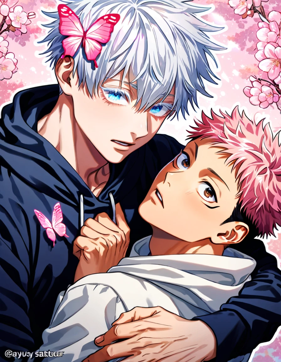 absurdres, highres, ultra detailed, HDR) master piece, best quality, Itadori Yuuji, pink hair, expressive brown eyes, Jujutsu Kaisen, Gojou Satoru, white hair, with bangs, expressive blue eyes, white eyelashes, two sexy men together, gay couple, yaoi, handsome, black hoodie, white hoodie, pink cherry blossoms, pink butterflies, pink glittering background, pink flowers, park