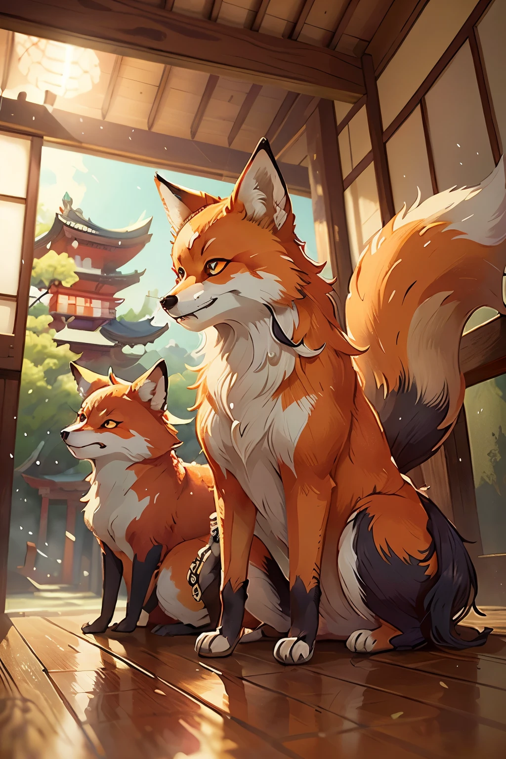 ((best quality)), ((masterpiece)), (detailed), kitsune,old japanese temple, red fox,megatama
