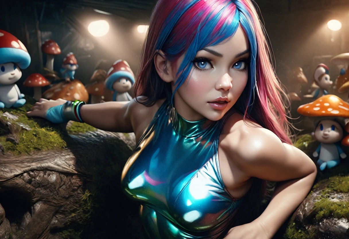 a group of sexy female smurfs wearing metallic swimsuits, extremely detailed and realistic,1girl, beautiful detailed eyes, beautiful detailed lips, extremely detailed face, long eyelashes, detailed female body, posing provocatively, metallic shiny swimsuit, working on chores in a mushroom smurf village, high quality, photorealistic, 8k, vivid colors, professional lighting, digital painting