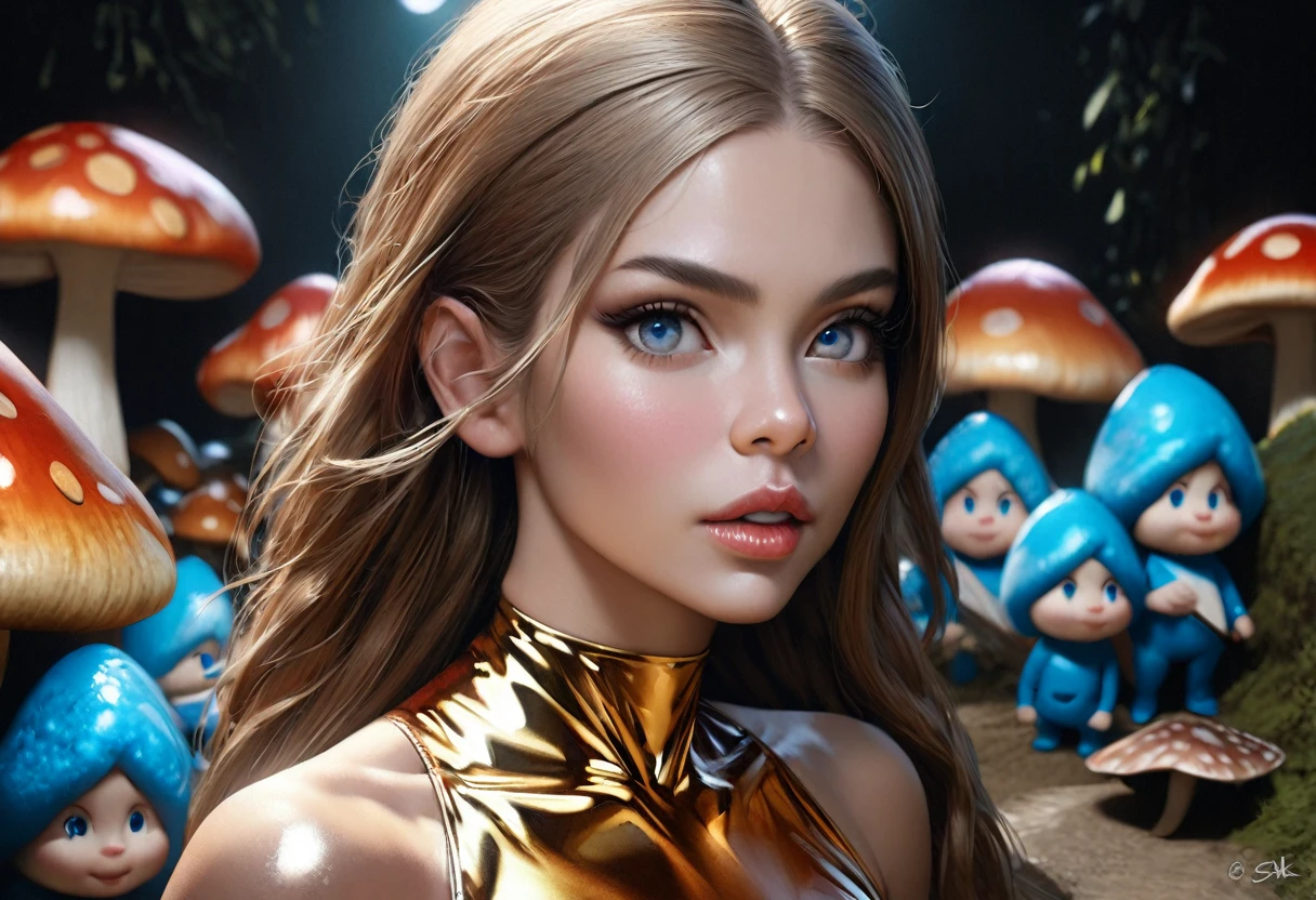 a group of sexy female smurfs wearing metallic swimsuits, extremely detailed and realistic,1girl, beautiful detailed eyes, beautiful detailed lips, extremely detailed face, long eyelashes, detailed female body, posing provocatively, metallic shiny swimsuit, working on chores in a mushroom smurf village, high quality, photorealistic, 8k, vivid colors, professional lighting, digital painting