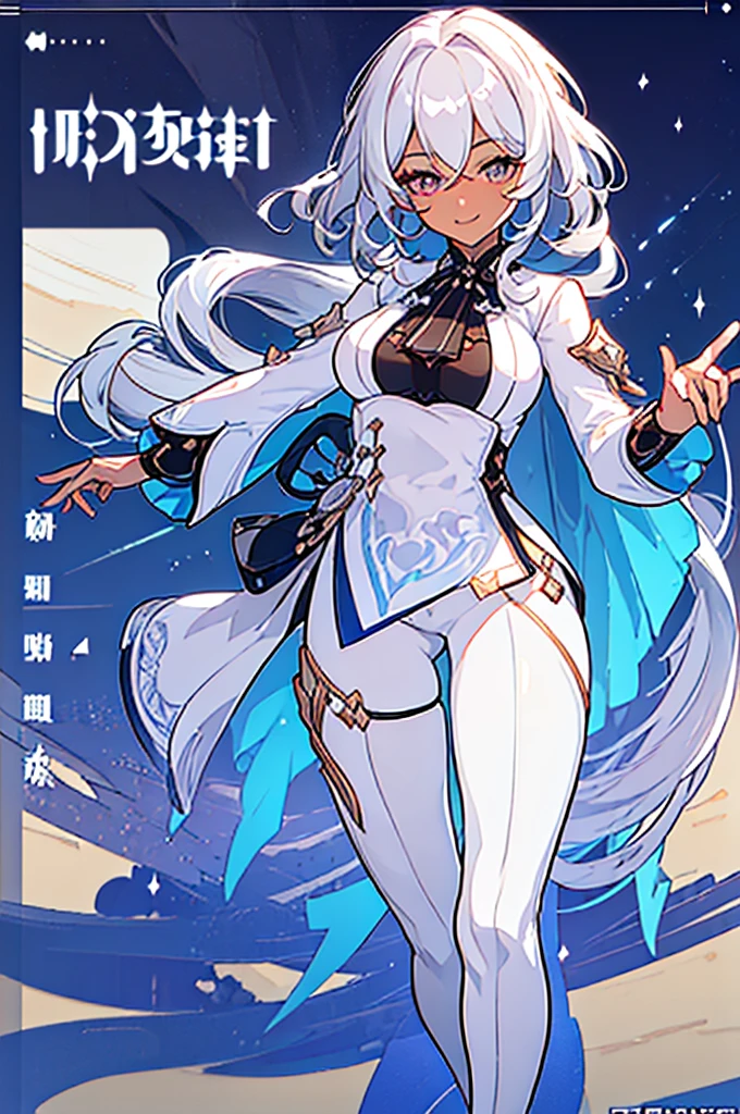 ((screenshot genshin impact, Masterpiece: 1.5, best quality, high resolution: 1.3, super resolution, super detailed, ultra detailed: 1.3, Perfect Anatomy:1.5, 1 woman) brown skin + wavy white hair + gray eyes + white eyelashes + female figure + white marks under her eyes (lace blouse, ties, high pants, no bangs on the face) ((open eyes, friendly smile, female bartender))