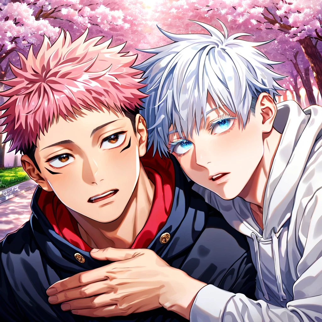 absurdres, highres, ultra detailed, HDR) master piece, best quality, Itadori Yuuji, pink hair, expressive brown eyes, Jujutsu Kaisen, Gojou Satoru, white hair, with bangs, expressive blue eyes, white eyelashes, two sexy men together, gay couple, yaoi, handsome, black hoodie, white hoodie, pink cherry blossoms, pink butterflies, pink glittering background, pink flowers, park