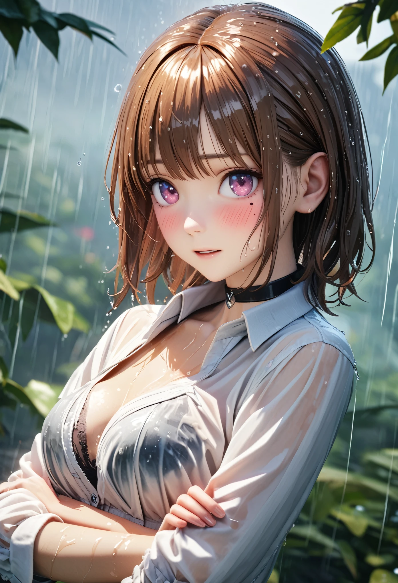 masterpiece, best quality, very detailed, high resolution, expensive resolution, high resolution, 4K, 8k, Unity 8k wallpaper, highly detailed CG, masterpiece, 2D, 3D, beautiful details, depth, fine texture, best quality: 1.3, perfect focus, crisp skin, him,rain, wet, wet closhes : 1.2
very cute anime girl, (bra showing through white blouse soaked in pouring rain), large , expensive brown hair , one girl, rain, (raindrops dripping from soaked hair, bra showing through thin blouse soaked in rain), mole under eye, looking at viewer, expensive, blush, mole, open lips, heart, pink eyes, choker white transparent bra