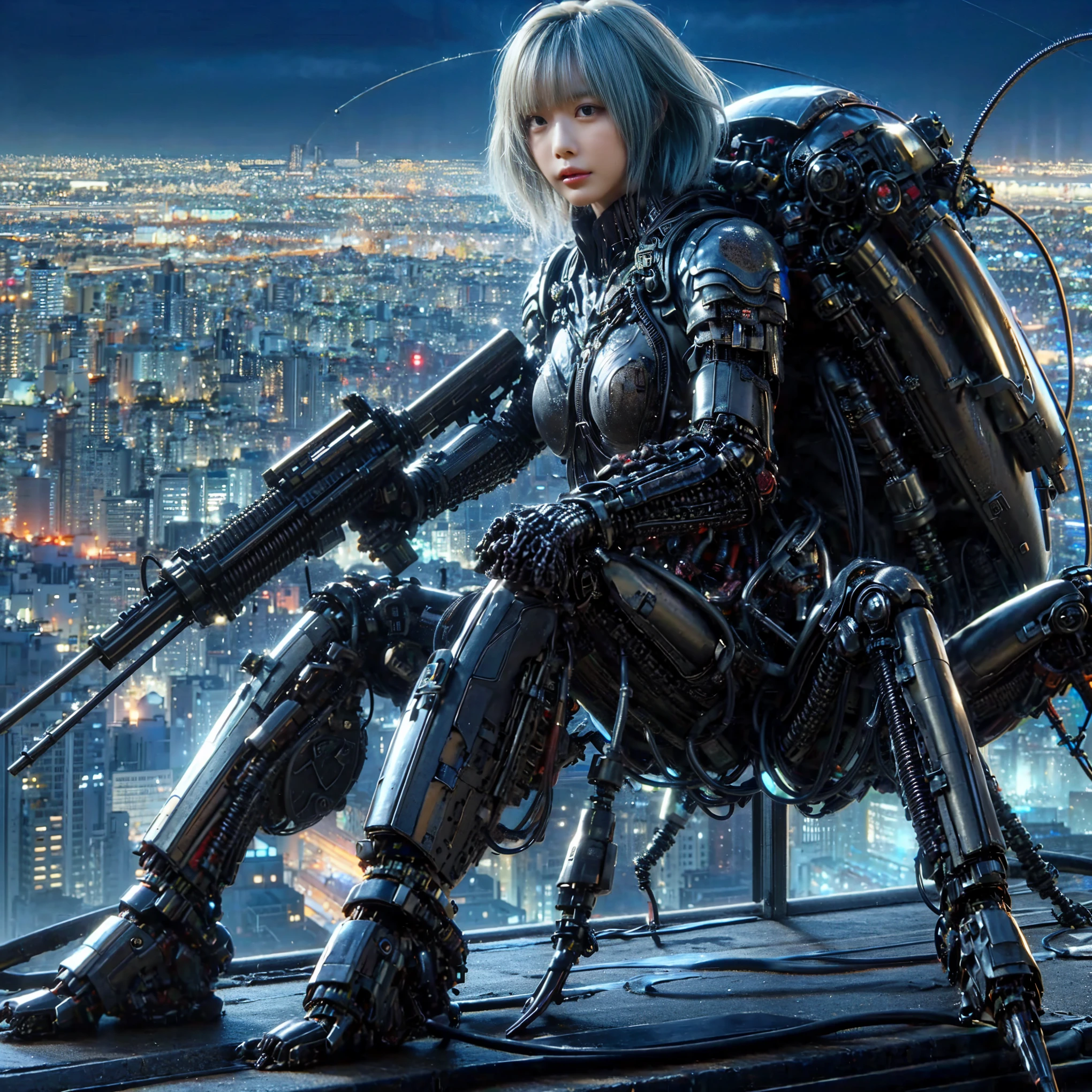(top-quality:1.2, masterpiece), ultra high resolution, (Photorealsitic:1.4),, (bird-type mechanical heavy armor), (mechanical armor:1.3), light red base with silver and bronze accent, 1 Japanese female soldier, extremely realistic face, (blue hair), ((ultimately intricate all details)), (whole body picture), realistic shadow, octan render, 8K, ultrasharp, character edge light, Details of complex ornaments, Hydraulic cylinder, power cable, dystopia with a beautiful view at night,