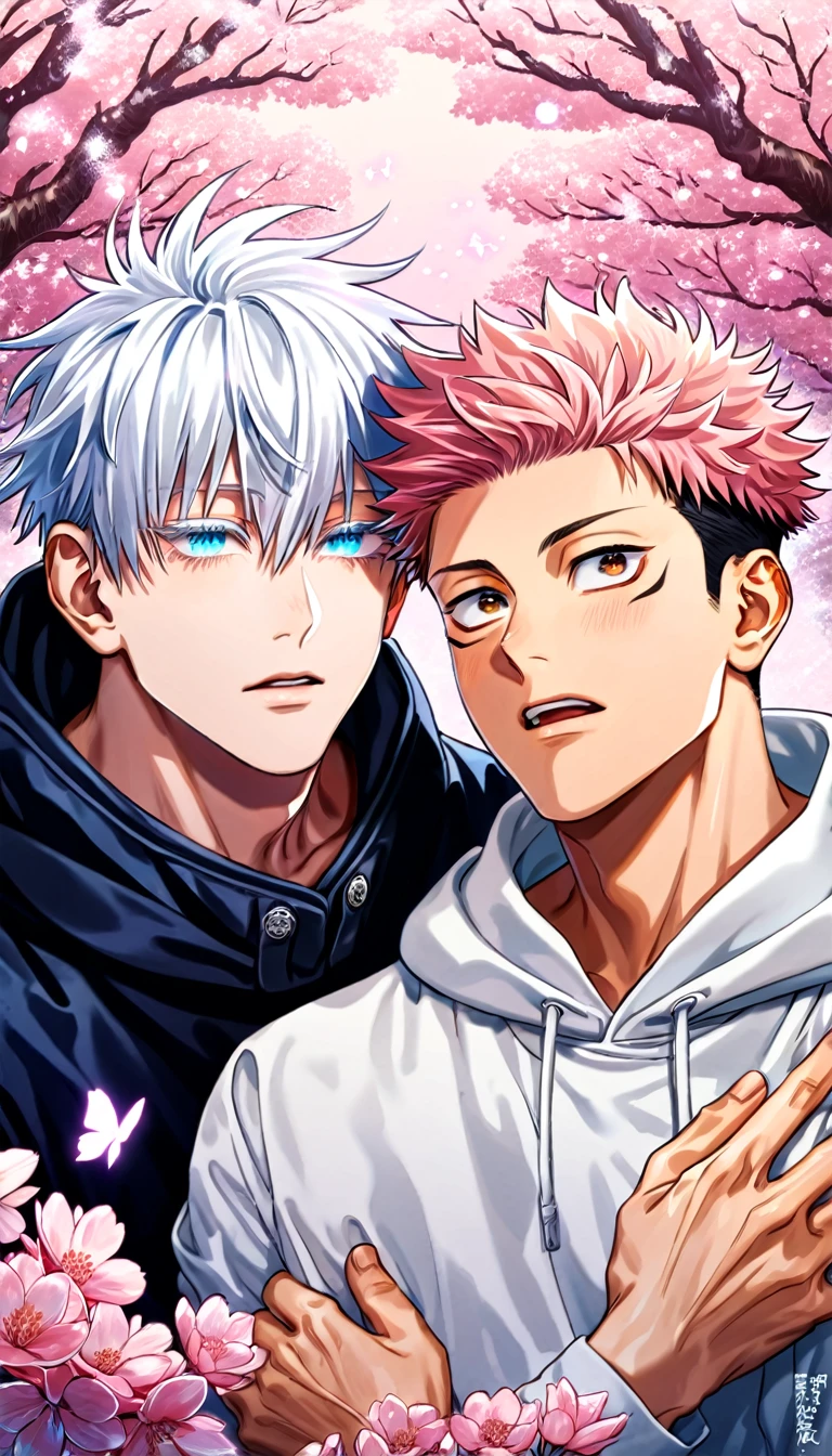 absurdres, highres, ultra detailed, HDR) master piece, best quality, Itadori Yuuji, pink hair, expressive brown eyes, Jujutsu Kaisen, Gojou Satoru, white hair, with bangs, expressive blue eyes, white eyelashes, two sexy men together, gay couple, yaoi, handsome, black hoodie, white hoodie, pink cherry blossoms, pink butterflies, pink glittering background, pink flowers, park