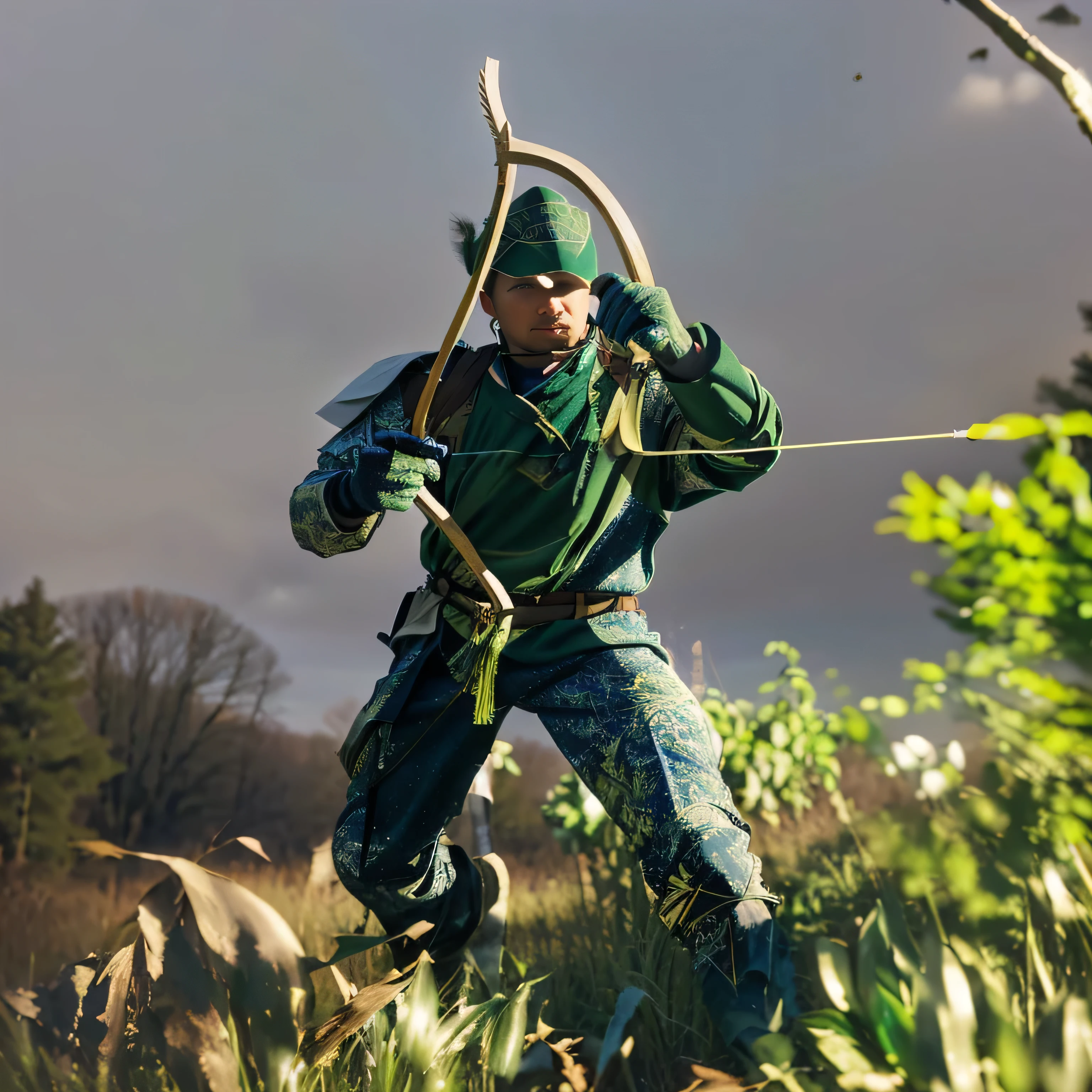 An archer in the woods, grass, branches and a sky in the background.