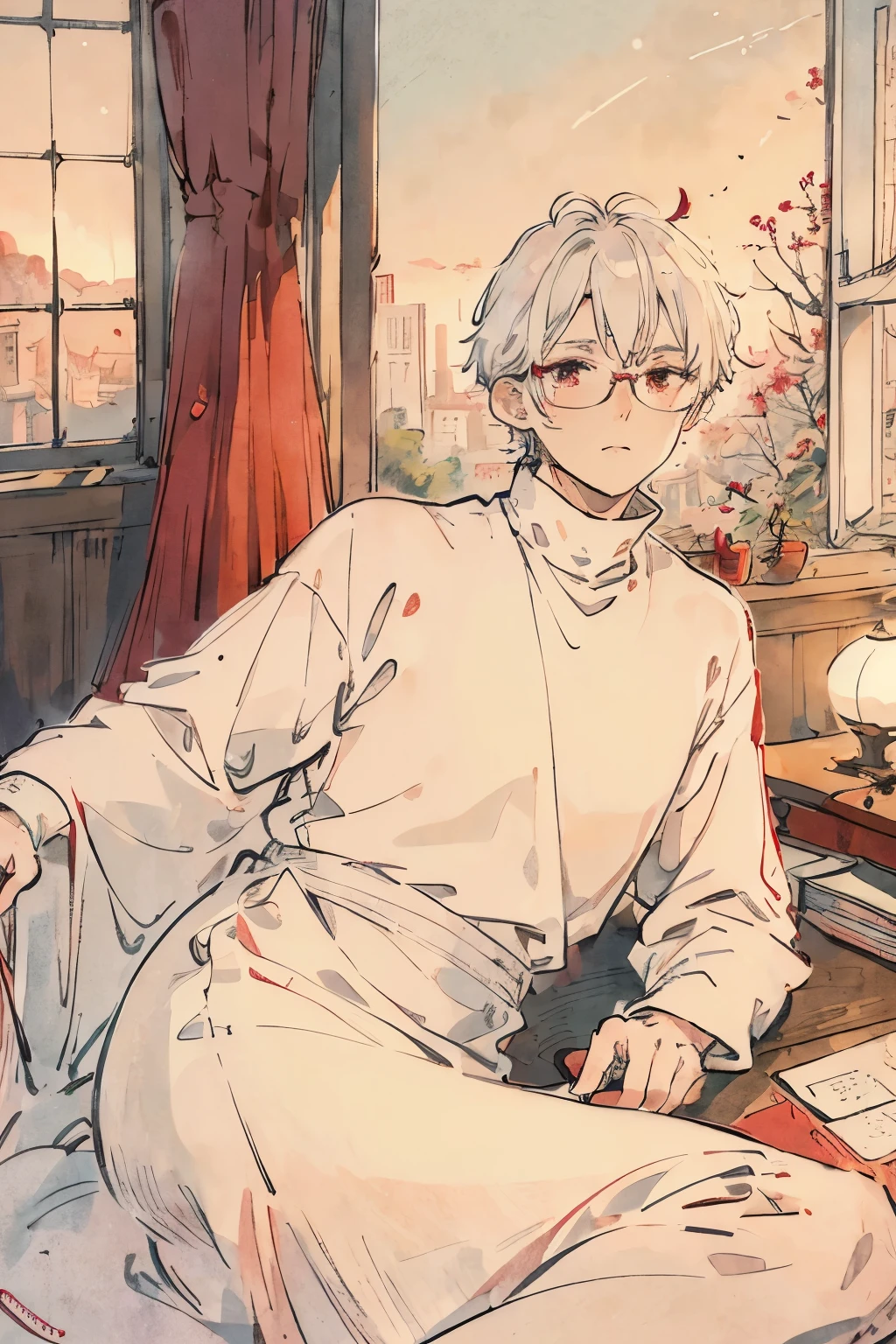 Masterpiece, Top quality, High quality, 1 boy, short white hair, red eyes, wearing a white turtleneck, red shawl, studying in his pastel peach room, a comfortable desk, white hair with a match cut, glasses, large windows with a beautiful natural view, (gazing at the view), a flower notebook, (rain), (sunrise)
