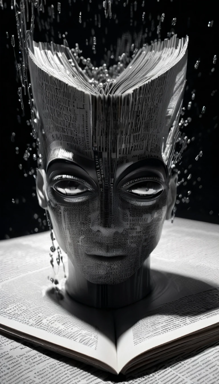A book with a futuristic face and a futuristic mind,Photography, macro photography, a 3D figure of a person standing on the cover of a glass newspaper magazine with a stream of words pouring out of his mouth, black and white newspaper text in flat letters, depth of field, single-lens reflex camera, intricate details, studio lighting, 8K, high definition, a futuristic science fiction magazine, a screen magazine, cyberpunk art, 3D book art, background: a table in a futuristic science fiction world.