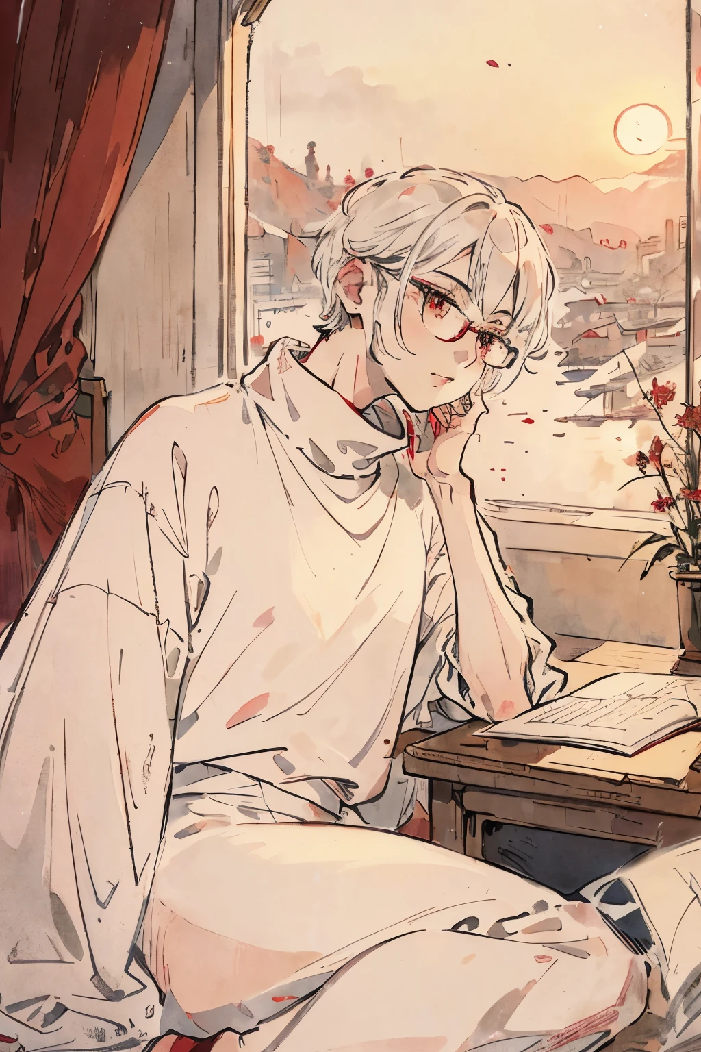 Masterpiece, Top quality, High quality, 1 boy, short white hair, red eyes, wearing a white turtleneck, red shawl, studying in his pastel peach room, a comfortable desk, white hair with a masquerade, glasses, large windows with a beautiful natural view, (gazing at the view), flower notebook, (rain), (sunrise),
